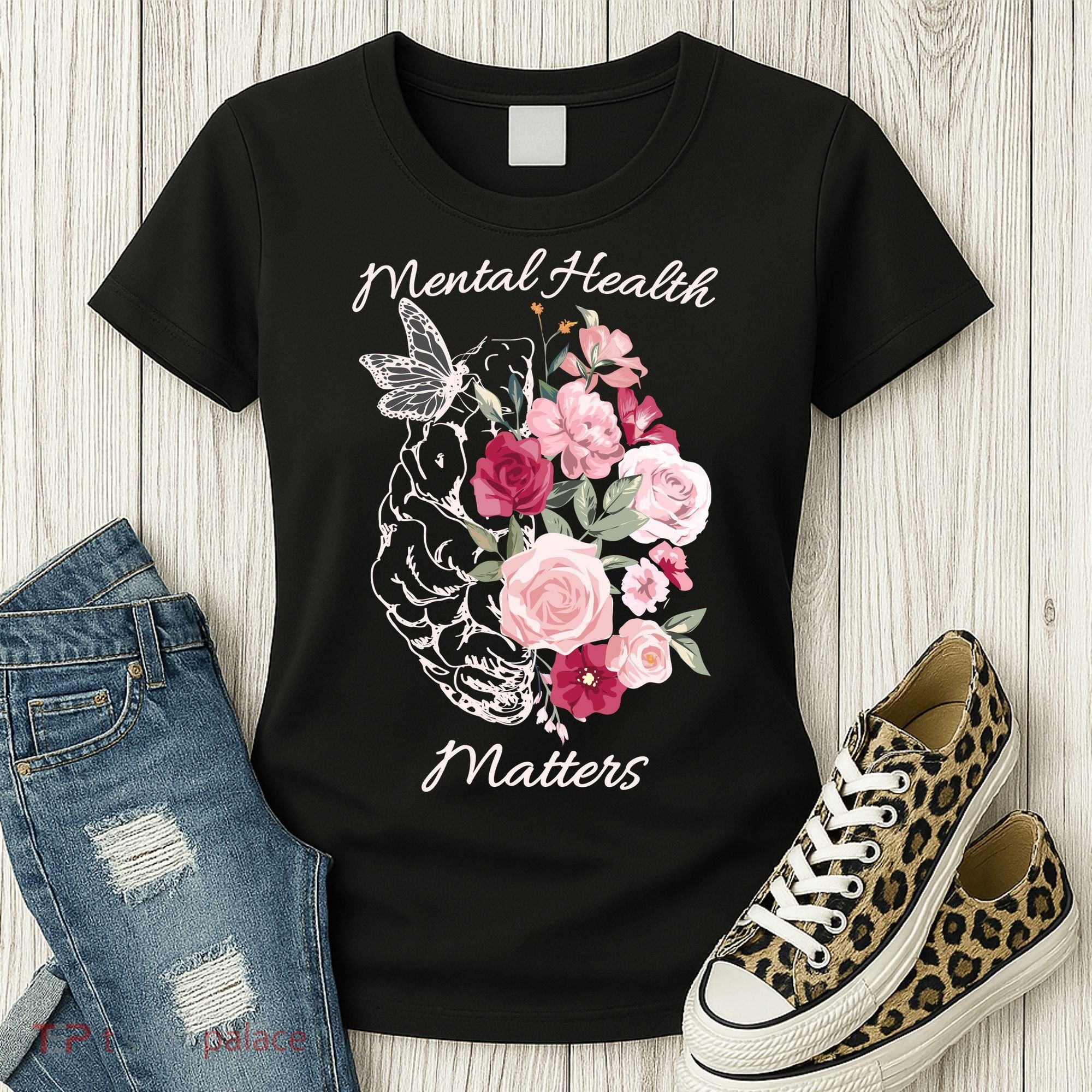 Mental Health Matters Hand Drawn Flowers Brain Awareness Month Women's T-Shirt