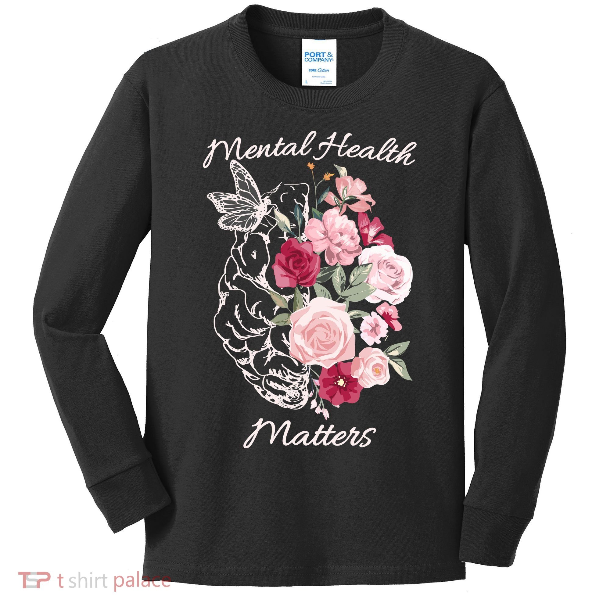 Mental Health Matters Hand Drawn Flowers Brain Awareness Month Kids Long Sleeve Shirt