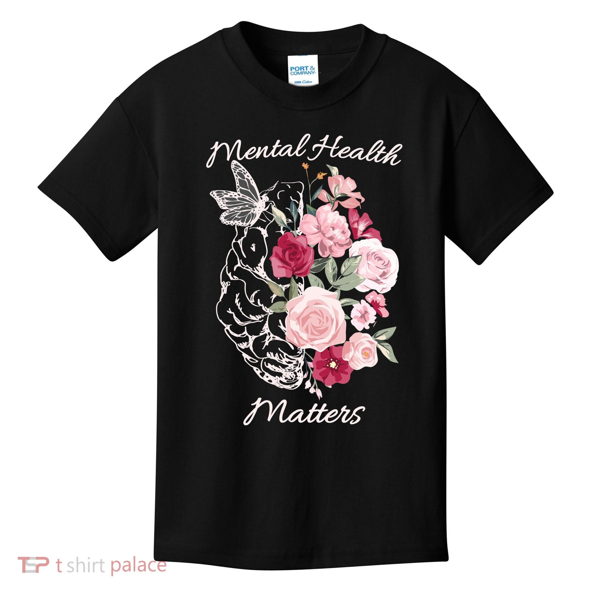 Mental Health Matters Hand Drawn Flowers Brain Awareness Month Kids T-Shirt