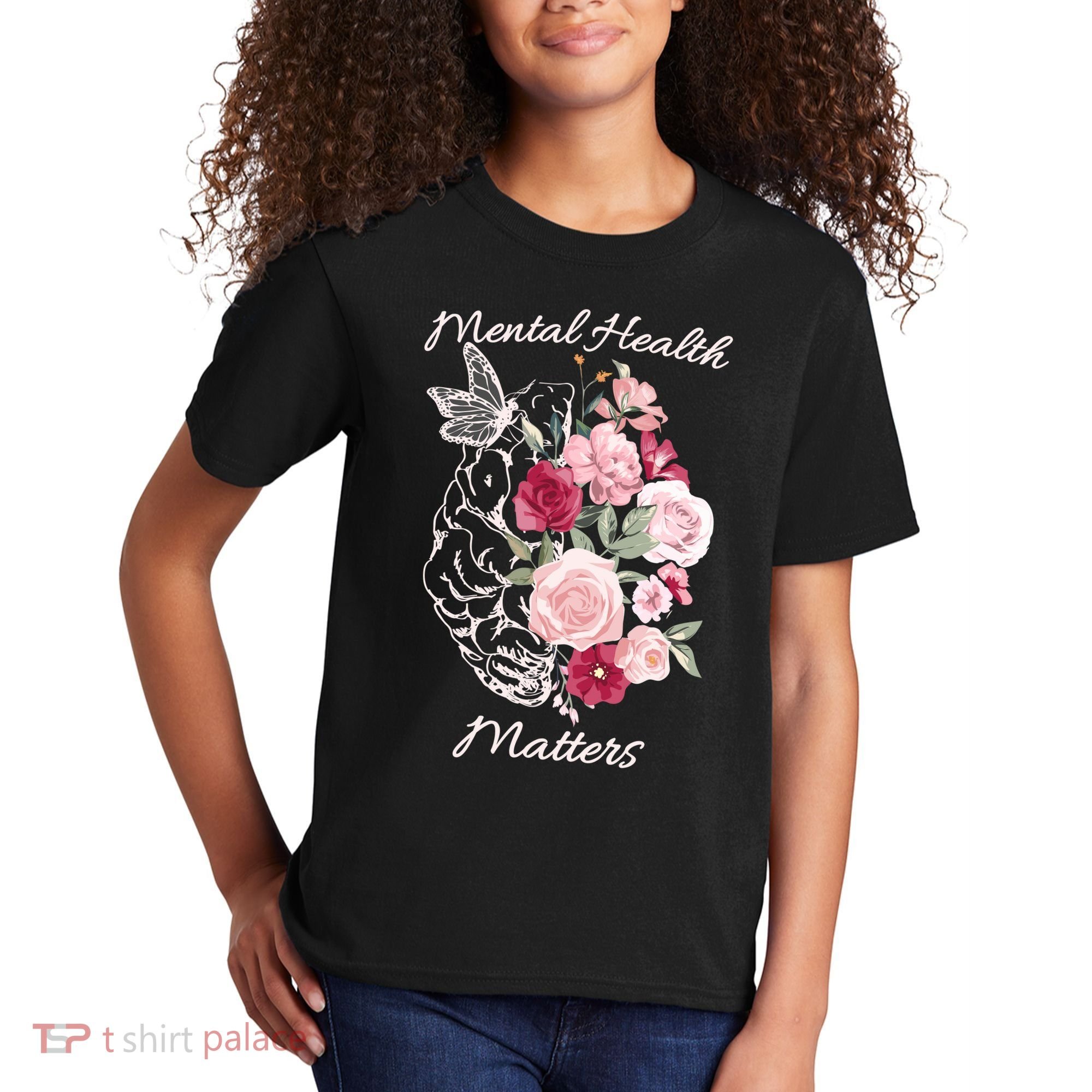 Mental Health Matters Hand Drawn Flowers Brain Awareness Month Kids T-Shirt