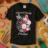 Mental Health Matters Hand Drawn Flowers Brain Awareness Month Kids T-Shirt thumb 3