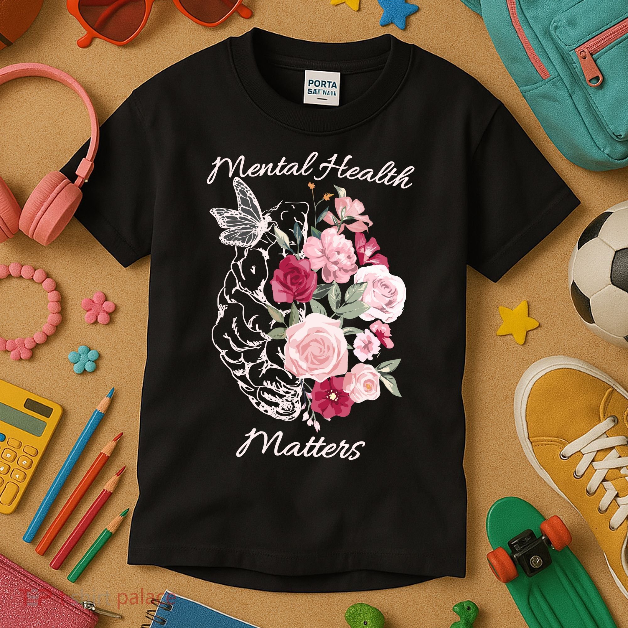 Mental Health Matters Hand Drawn Flowers Brain Awareness Month Kids T-Shirt
