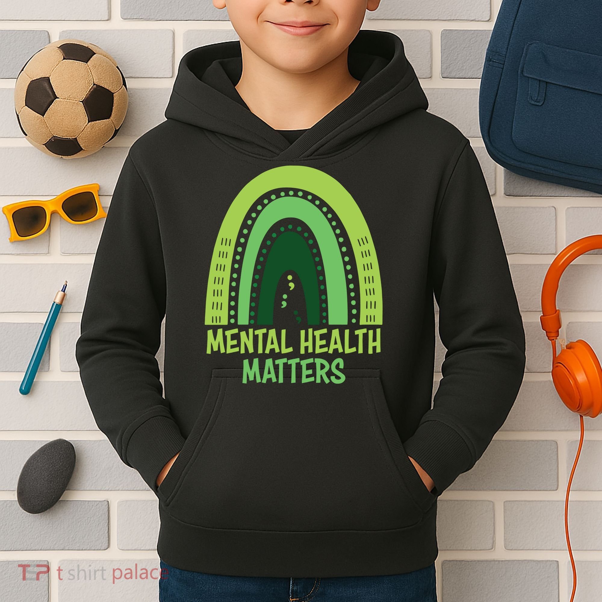 Mental Health Matters Green Rainbow Kids Hoodie