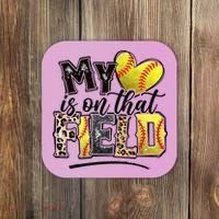My Heart On That Field Leopard Softball Mama Mom Mothers Day Coaster thumb 0