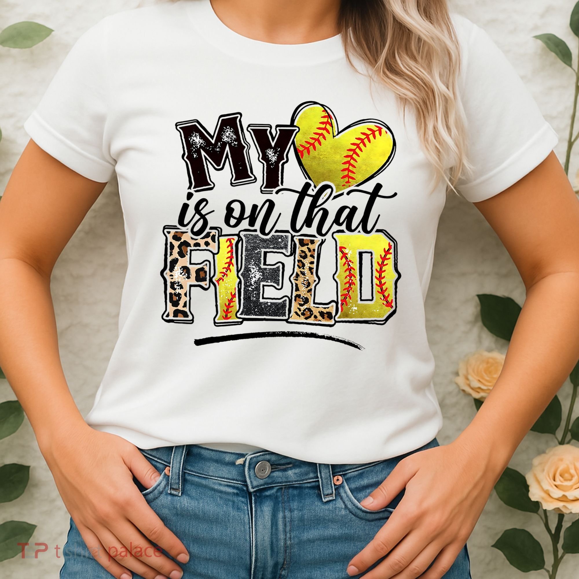 My Heart On That Field Leopard Softball Mama Mom Mothers Day Women's T-Shirt
