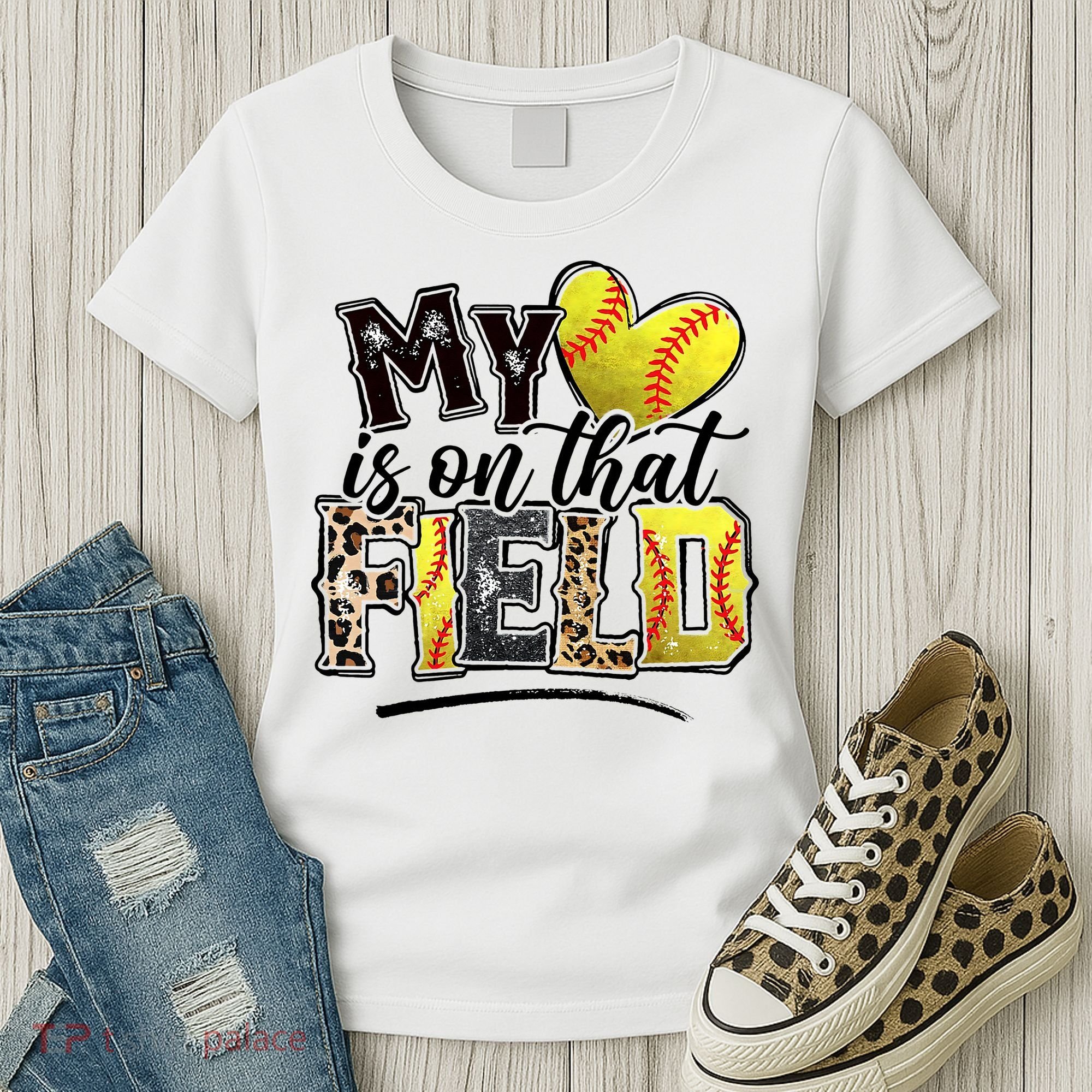 My Heart On That Field Leopard Softball Mama Mom Mothers Day Women's T-Shirt