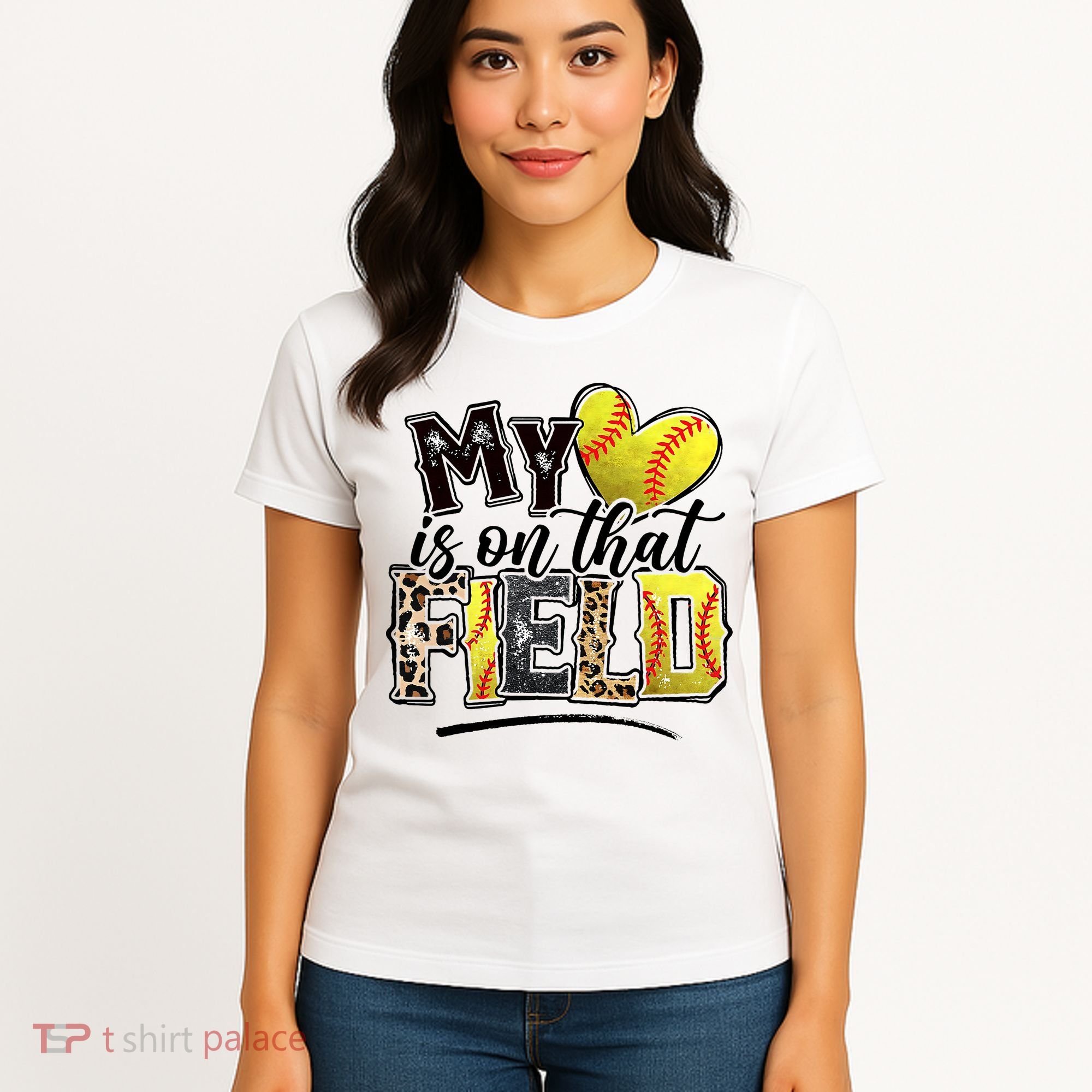 My Heart On That Field Leopard Softball Mama Mom Mothers Day Women's T-Shirt