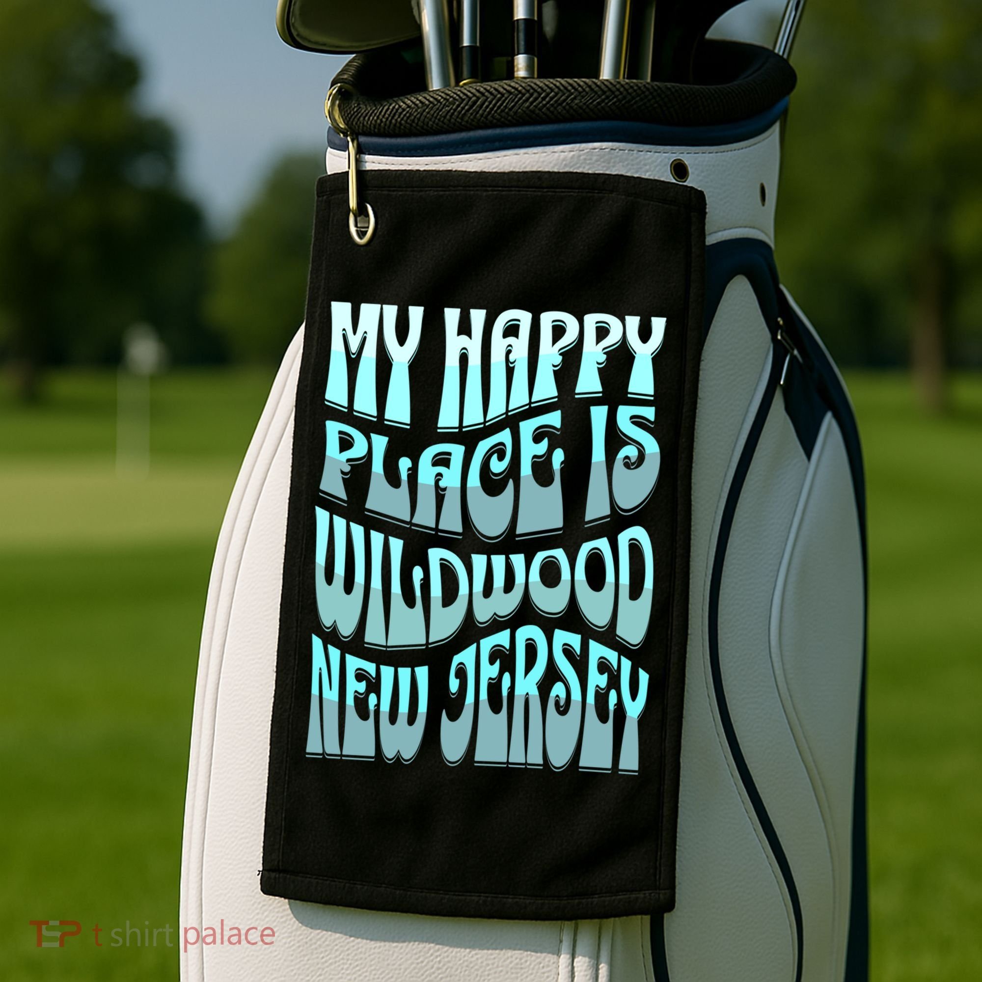 My Happy Place Is Wildwood New Jersey Ocean Beach Vacation Gift Golf Towel