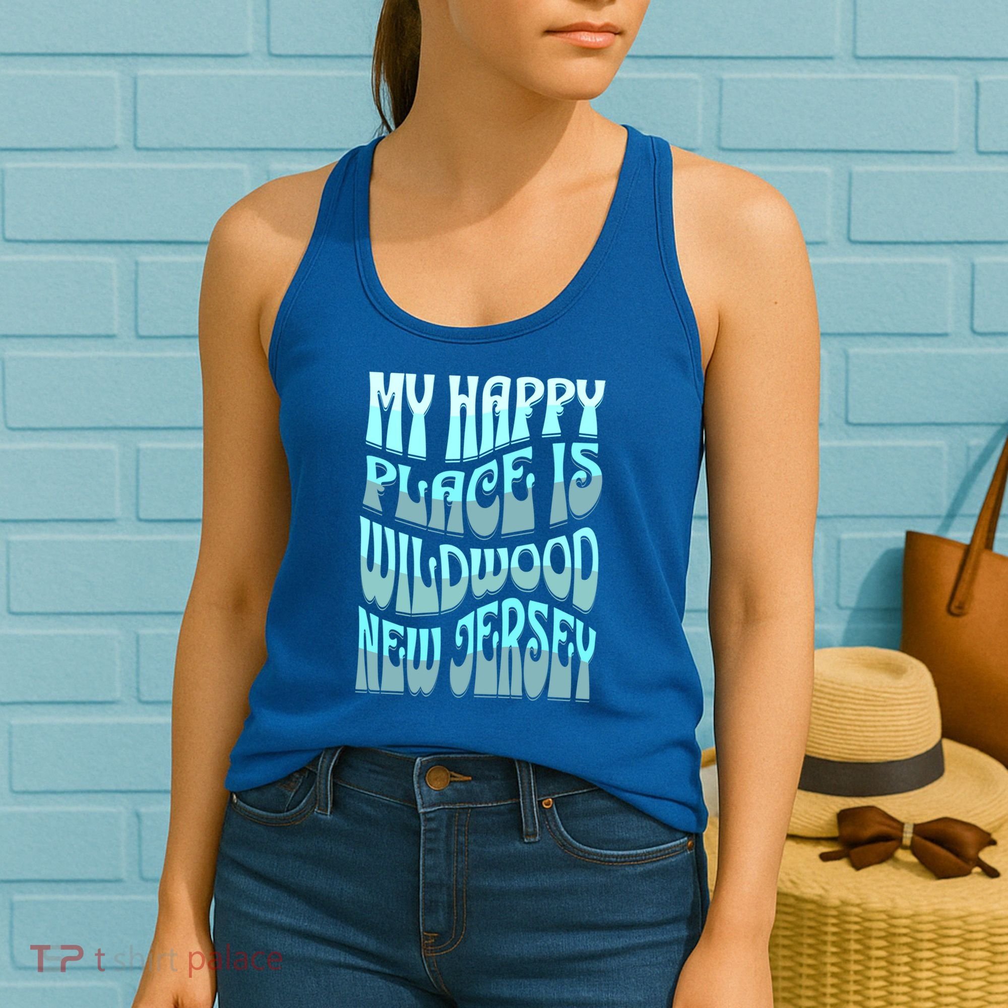 My Happy Place Is Wildwood New Jersey Ocean Beach Vacation Gift Women's Tank Top