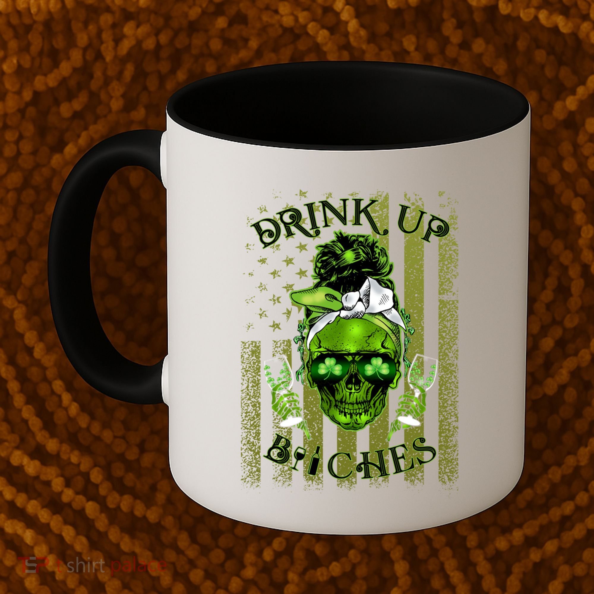 Messy Hair Skull Flag Bitches Green St Patricks Day Gift Coffee Mug