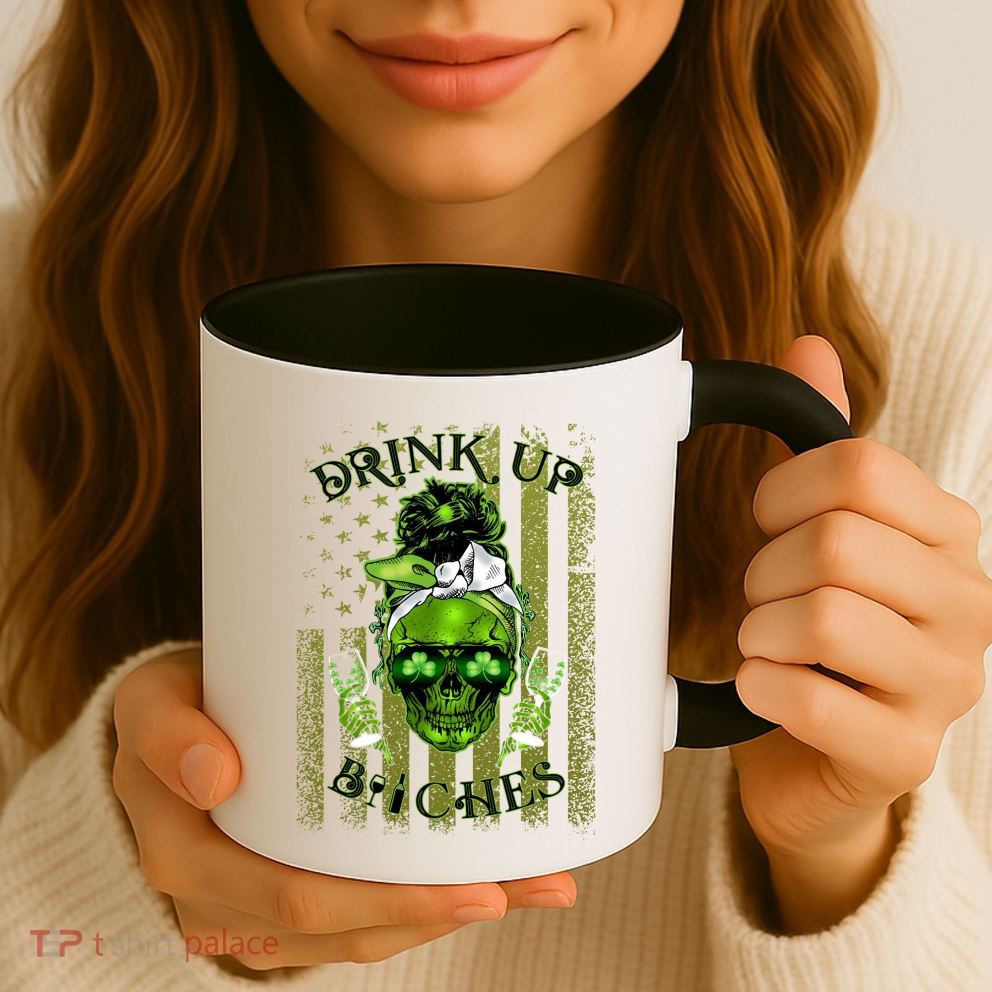 Messy Hair Skull Flag Bitches Green St Patricks Day Gift Coffee Mug