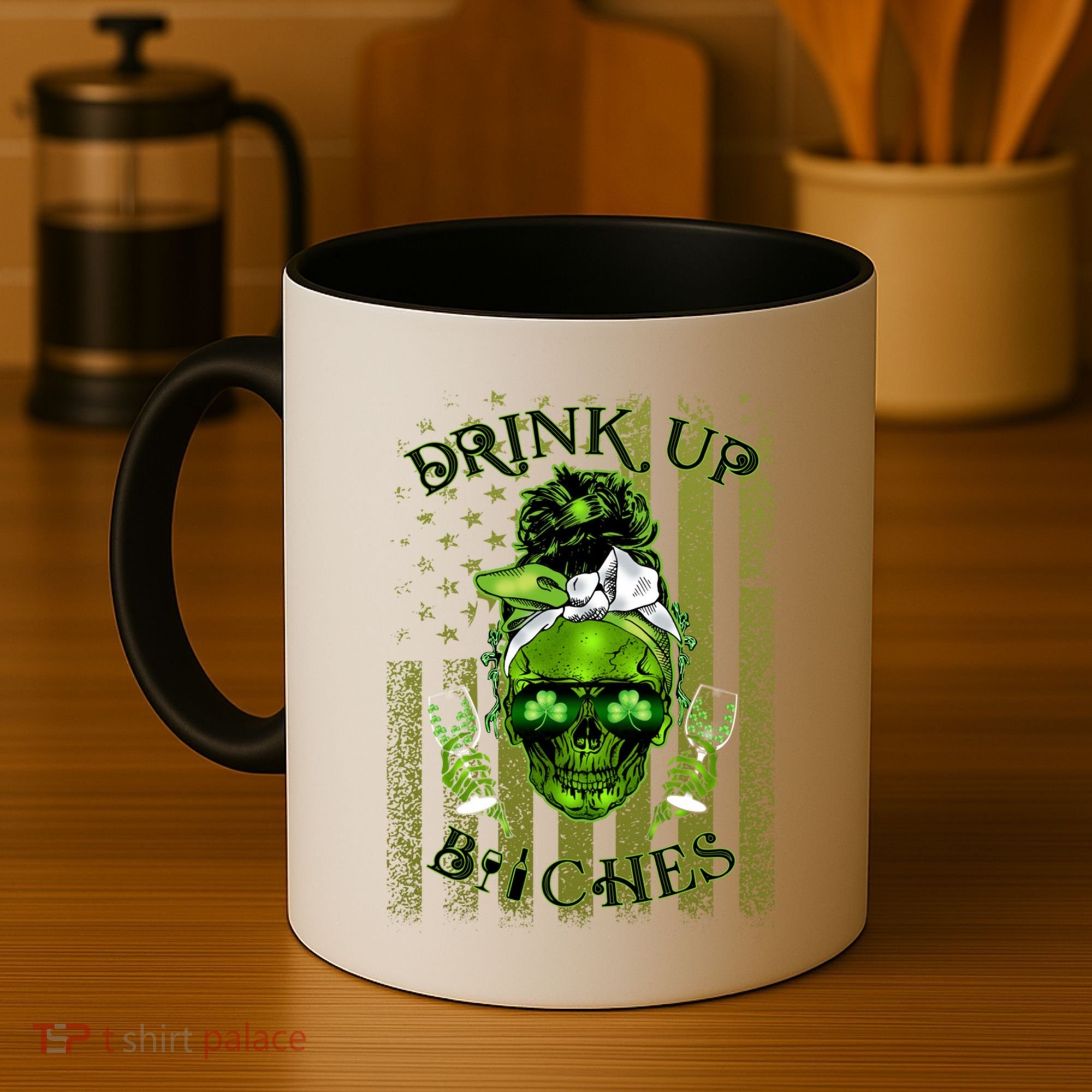 Messy Hair Skull Flag Bitches Green St Patricks Day Gift Coffee Mug
