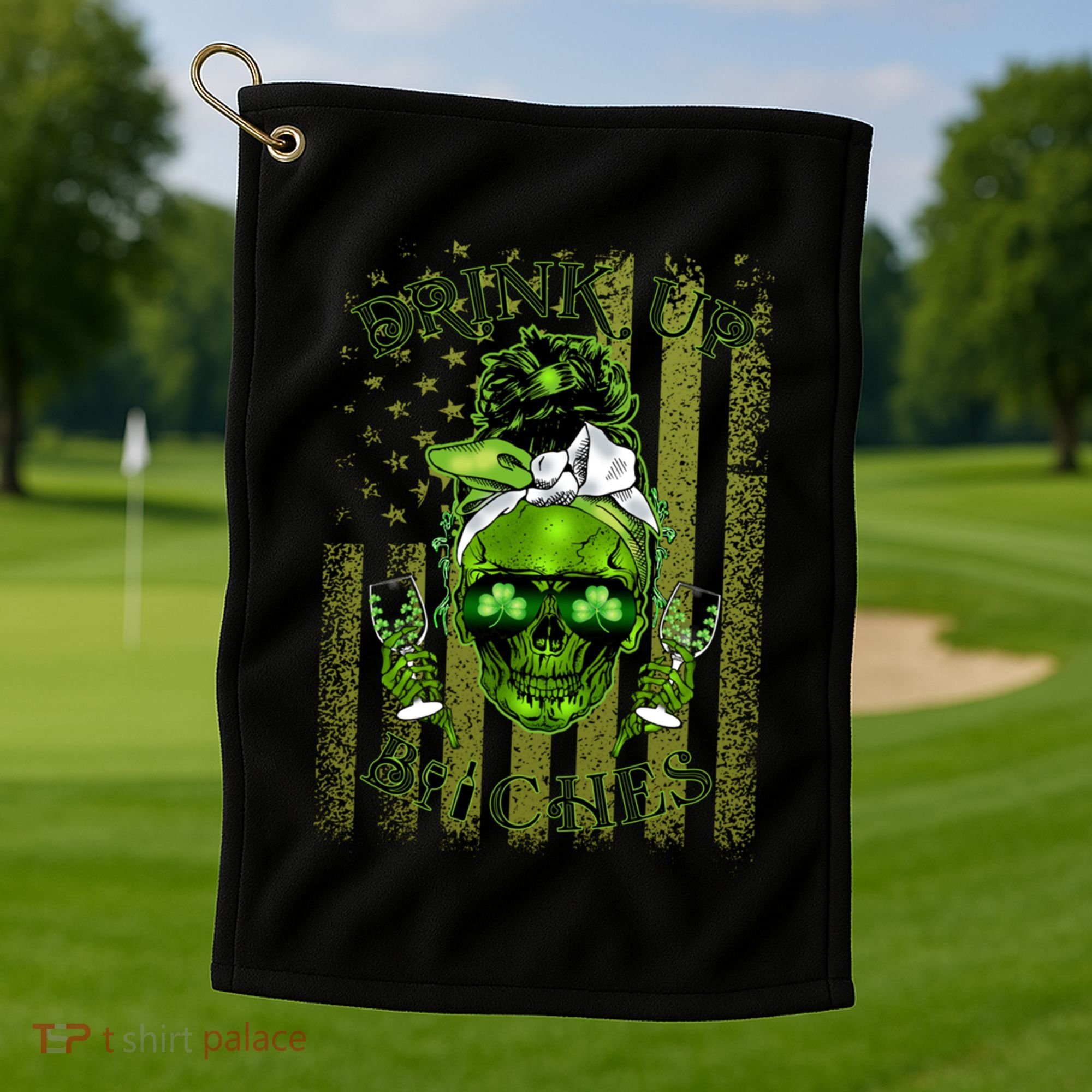 Messy Hair Skull Flag Bitches Green St Patricks Day Gift Golf Towel
