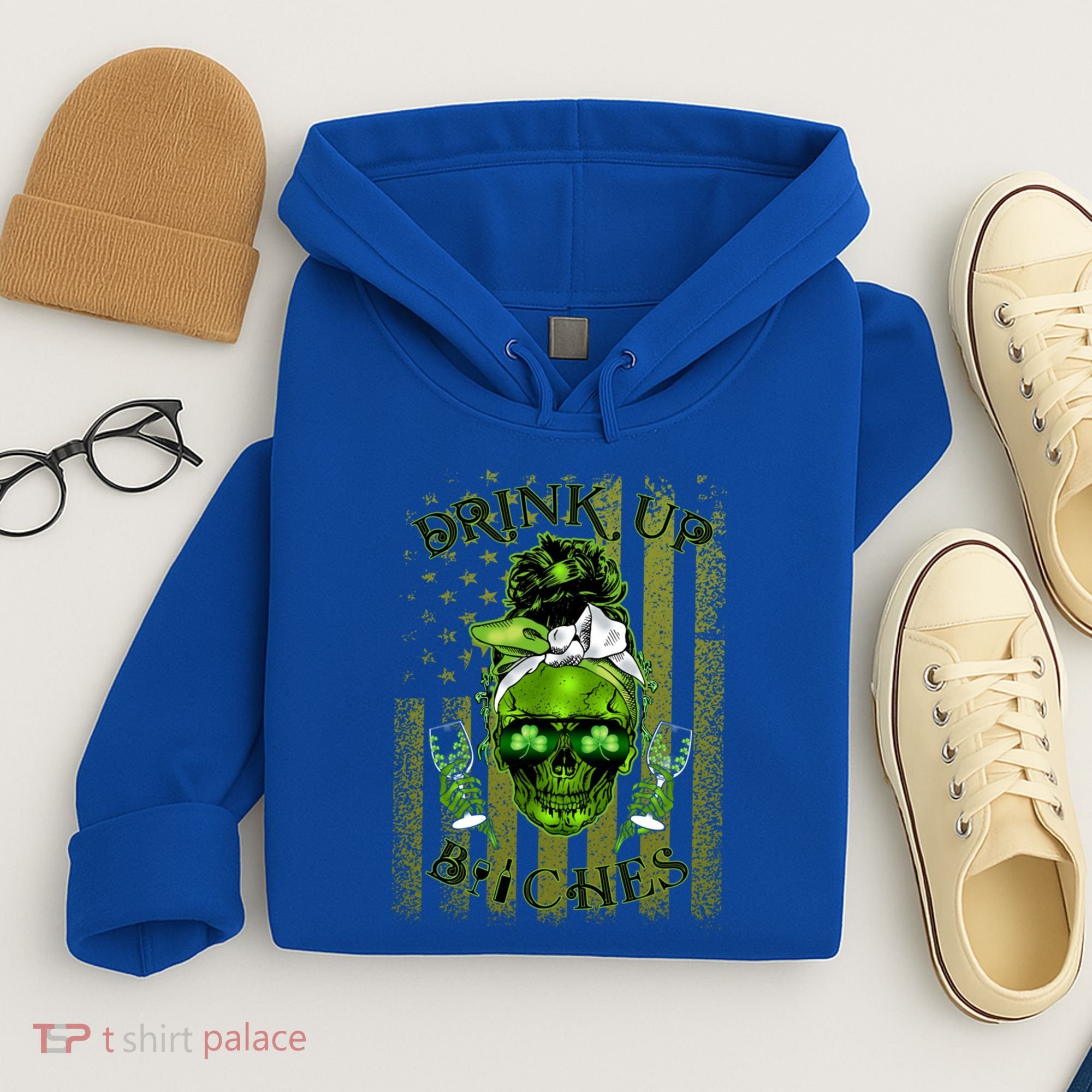 Messy Hair Skull Flag Bitches Green St Patricks Day Gift Hoodie