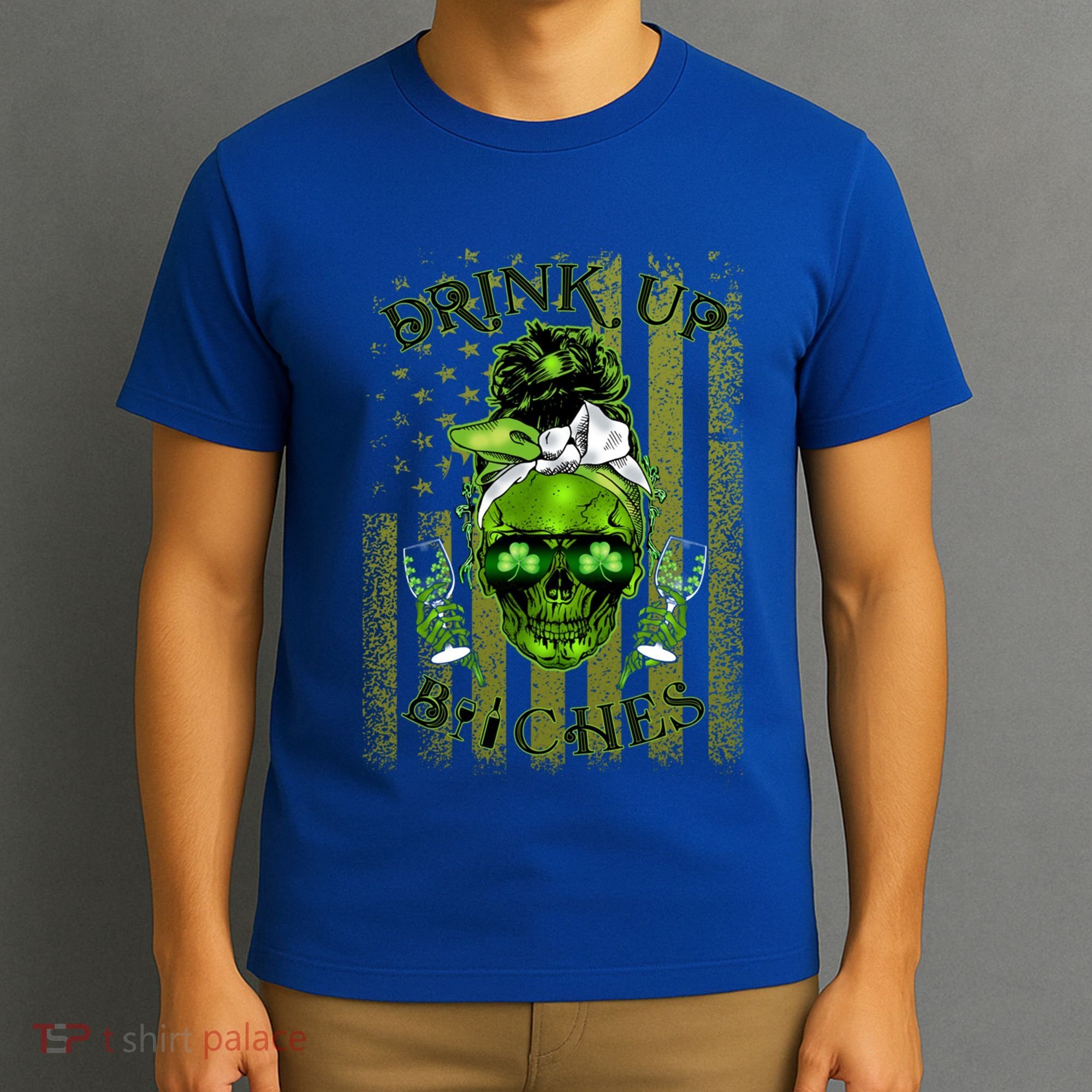 Messy Hair Skull Flag Bitches Green St Patricks Day Gift T-Shirt