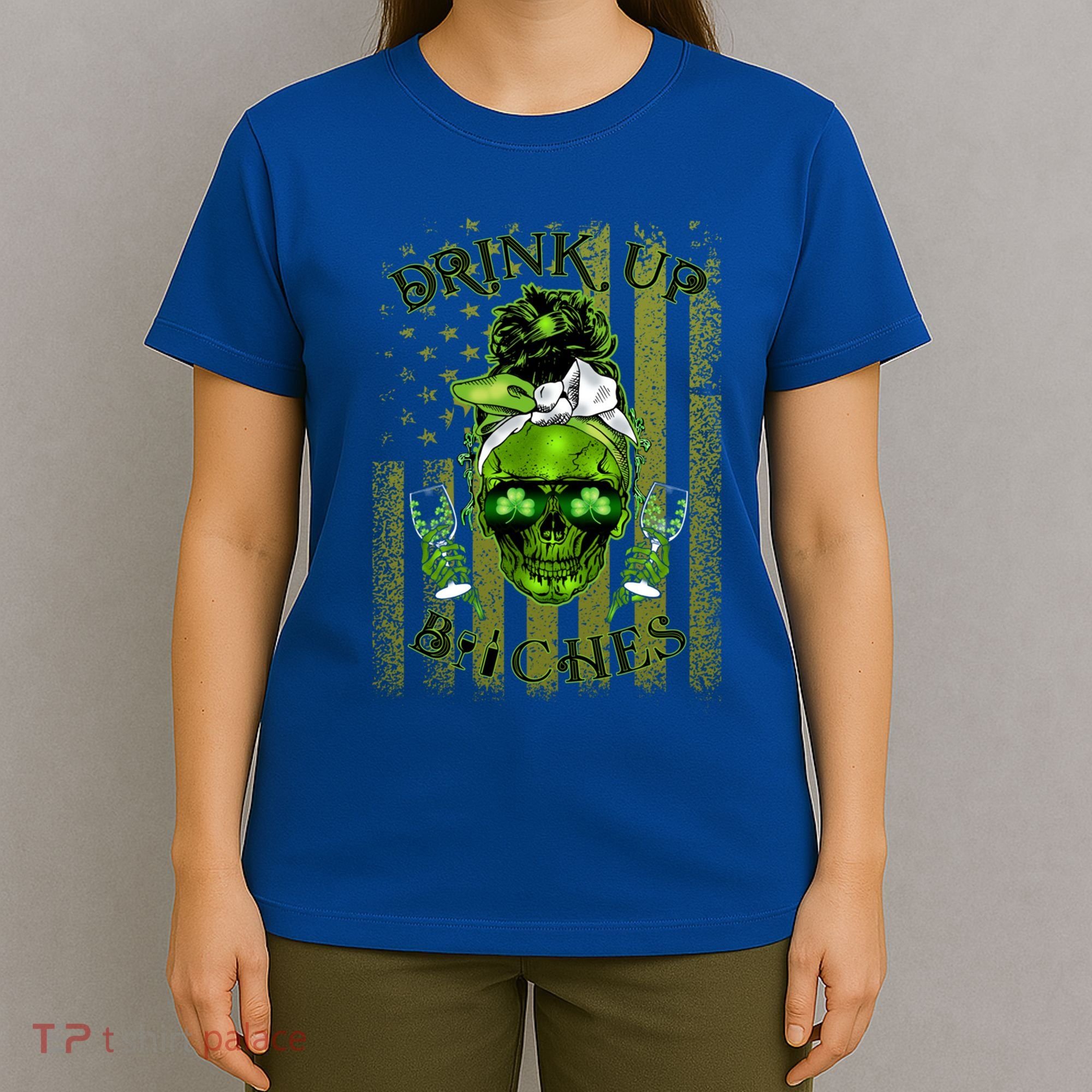 Messy Hair Skull Flag Bitches Green St Patricks Day Gift T-Shirt