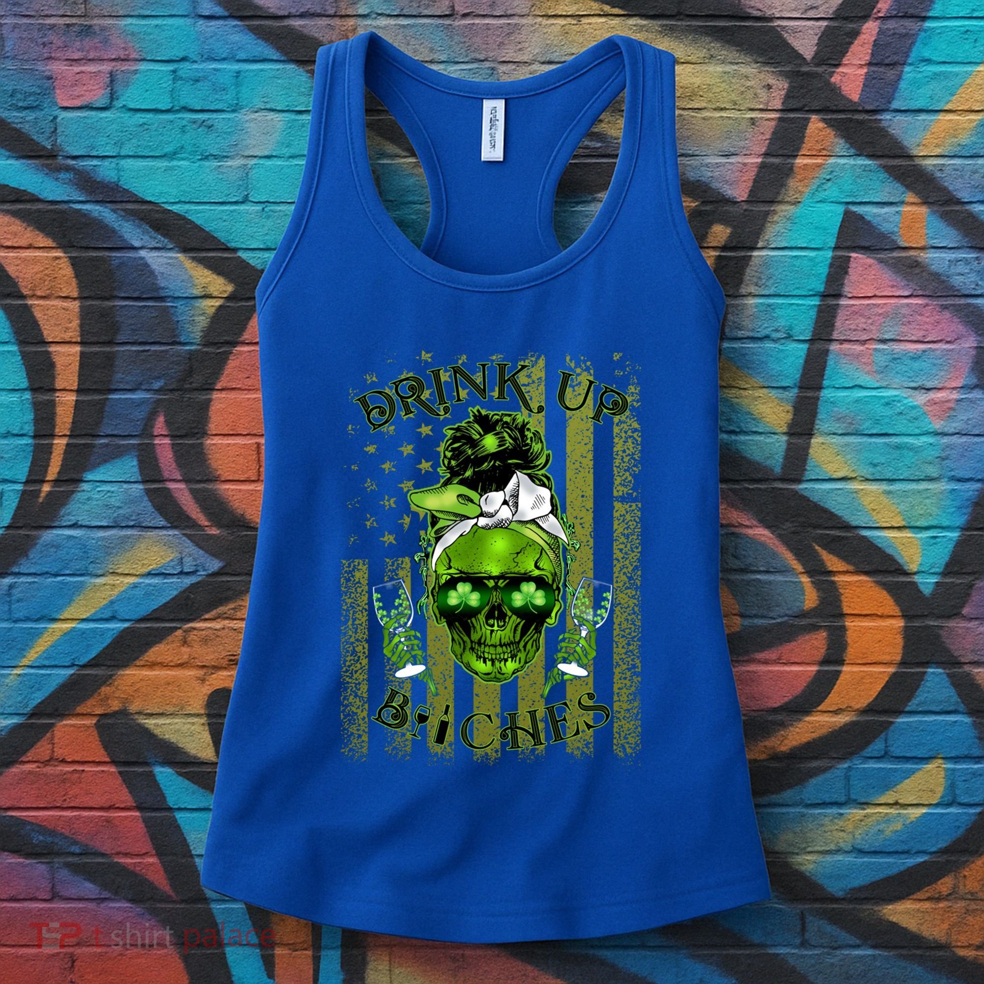 Messy Hair Skull Flag Bitches Green St Patricks Day Gift Women's Tank Top