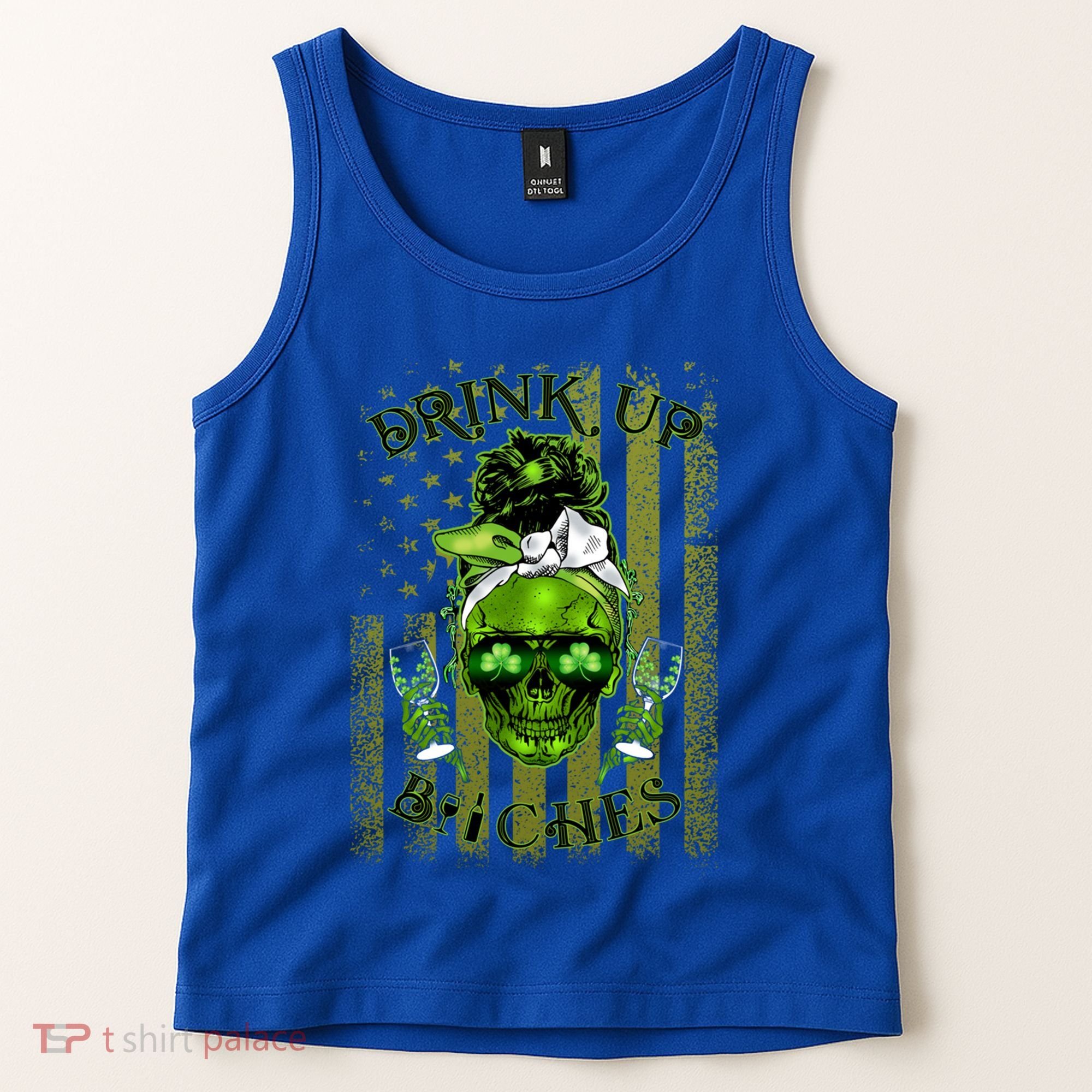 Messy Hair Skull Flag Bitches Green St Patricks Day Gift Tank Top