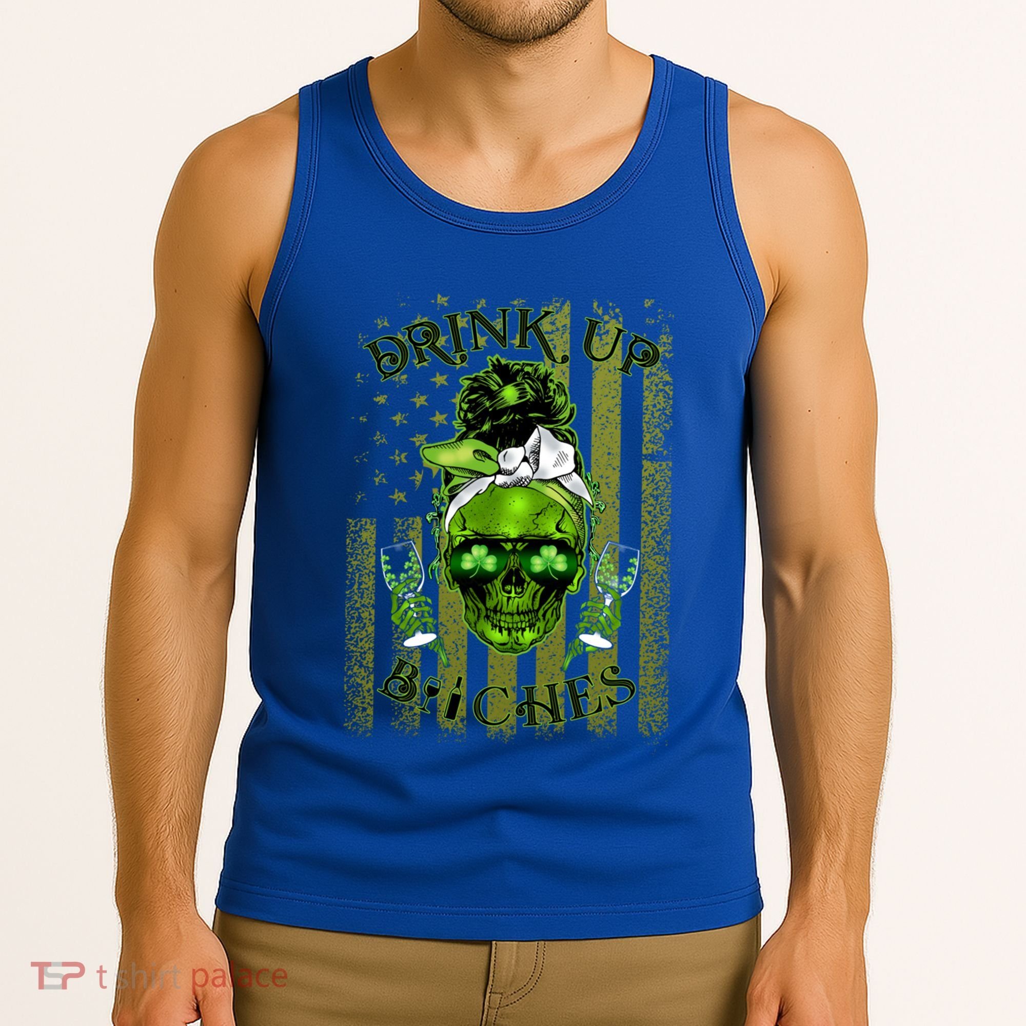 Messy Hair Skull Flag Bitches Green St Patricks Day Gift Tank Top