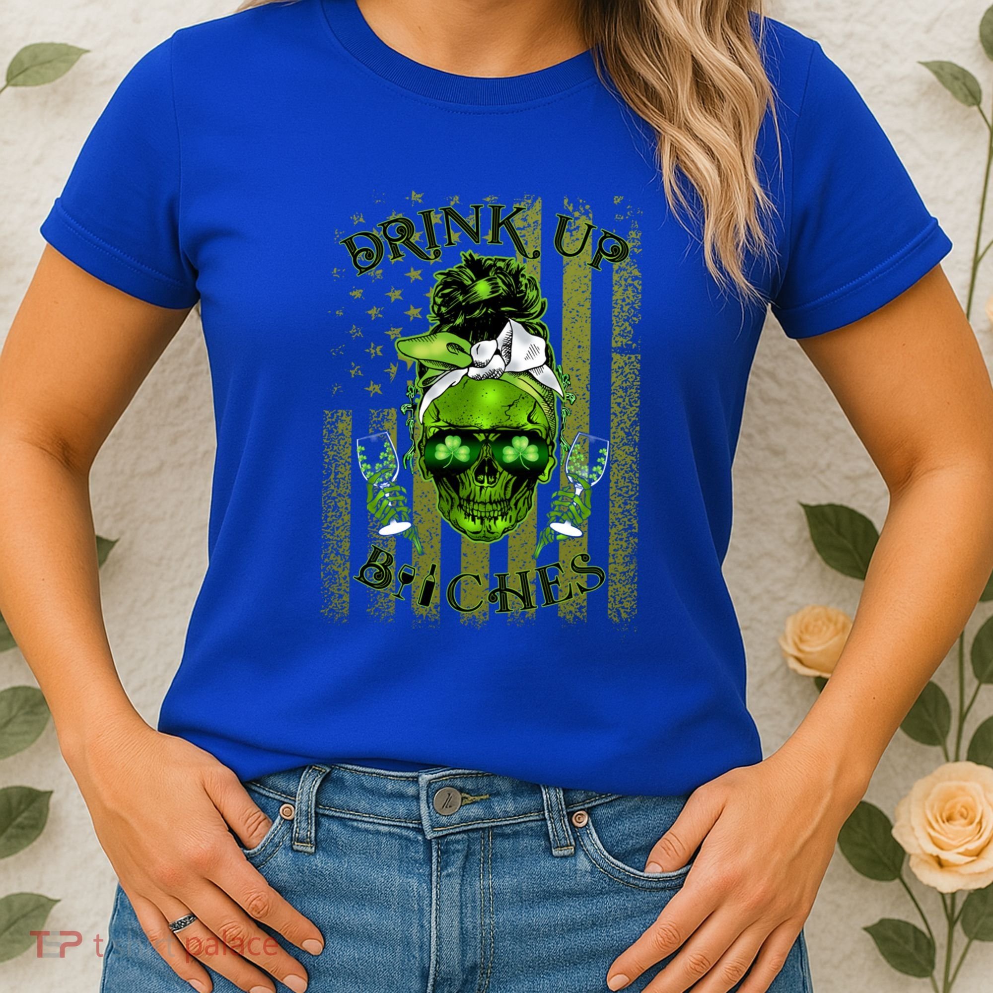 Messy Hair Skull Flag Bitches Green St Patricks Day Gift Women's T-Shirt
