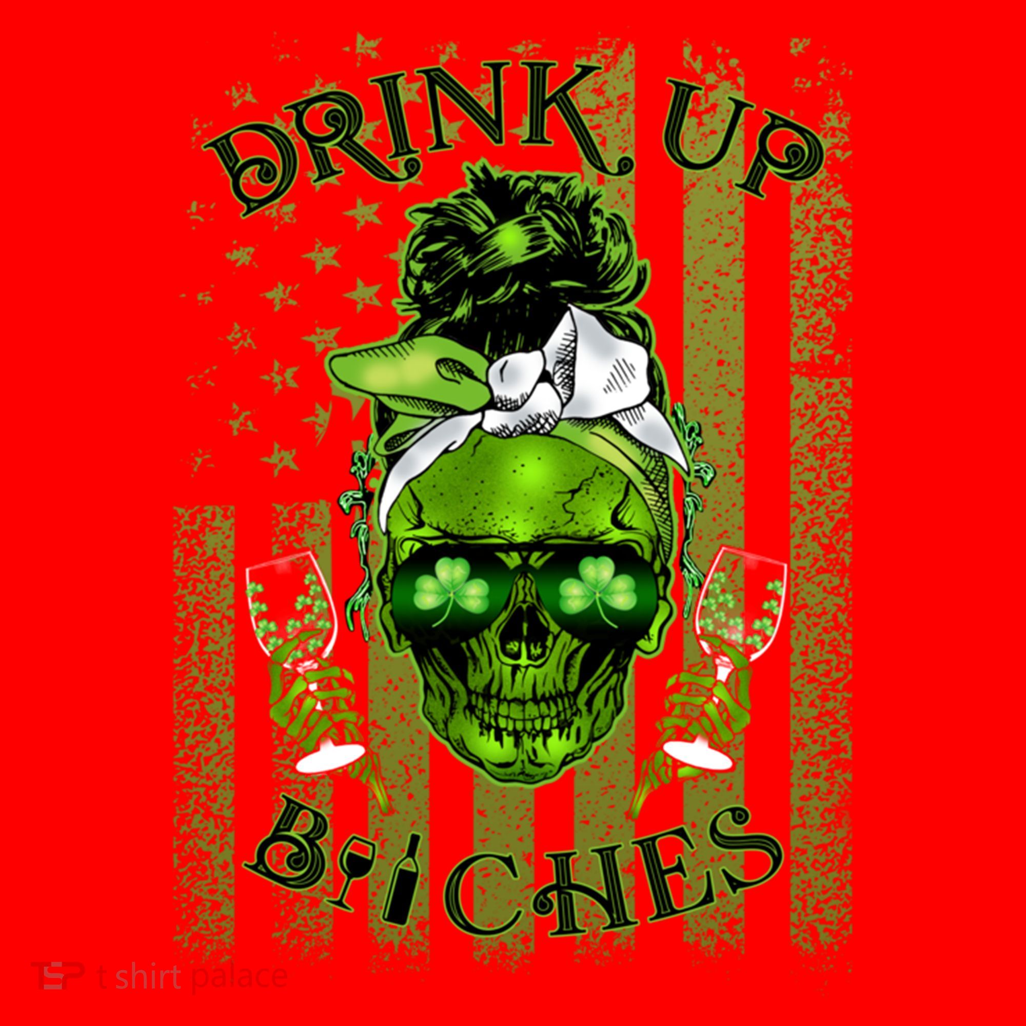 Messy Hair Skull Flag Bitches Green St Patricks Day Gift Santa Hat