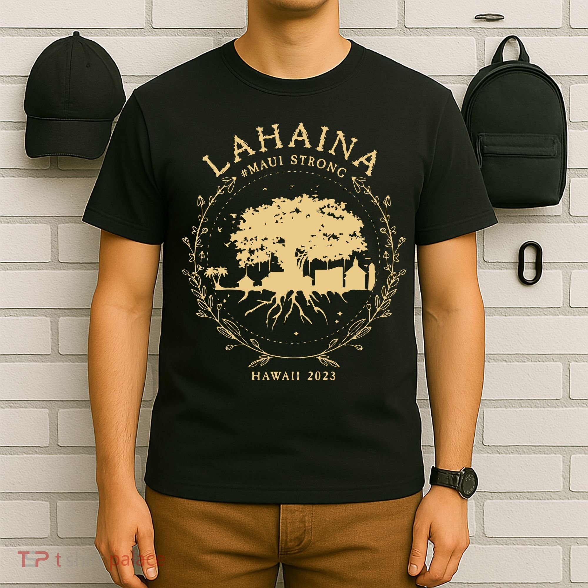 Maui Hawaii Shoreline Supportive Golden Maui Strong Lahaina Banyan Tree T-Shirt