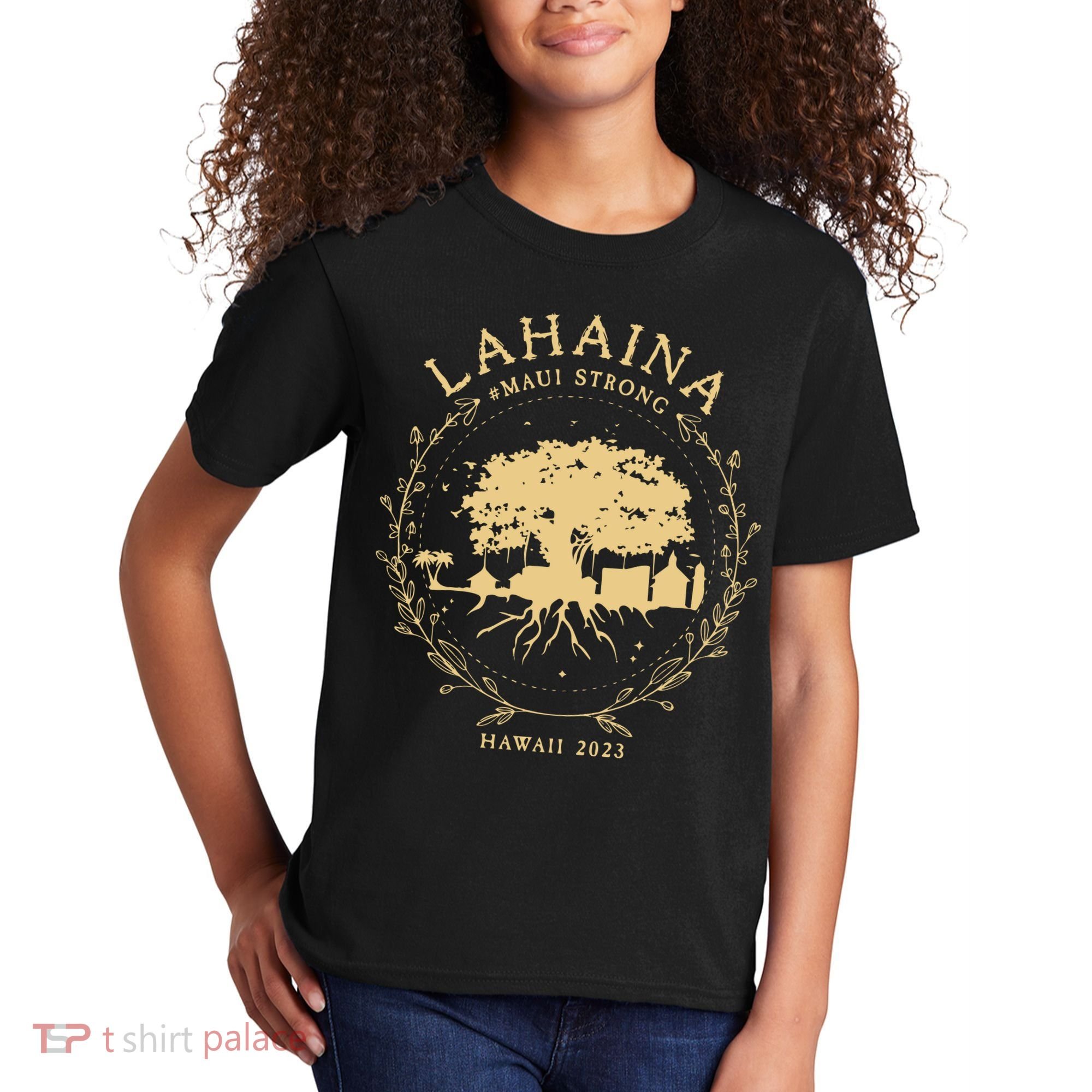 Maui Hawaii Shoreline Supportive Golden Maui Strong Lahaina Banyan Tree Kids T-Shirt