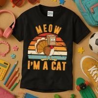 Meow I'm A Cat Retro Sunset Funny Turkey Kids T-Shirt thumb 3