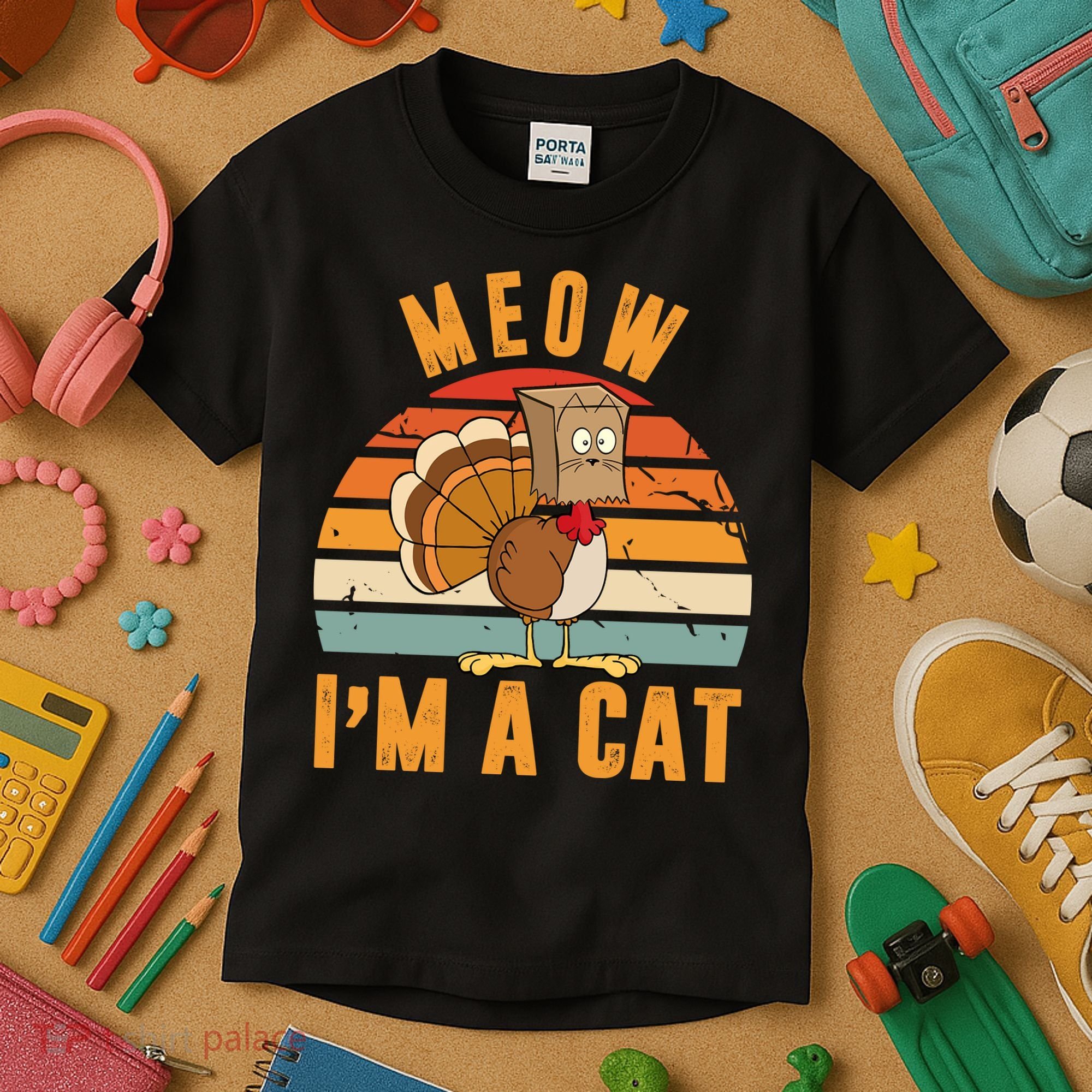 Meow I'm A Cat Retro Sunset Funny Turkey Kids T-Shirt