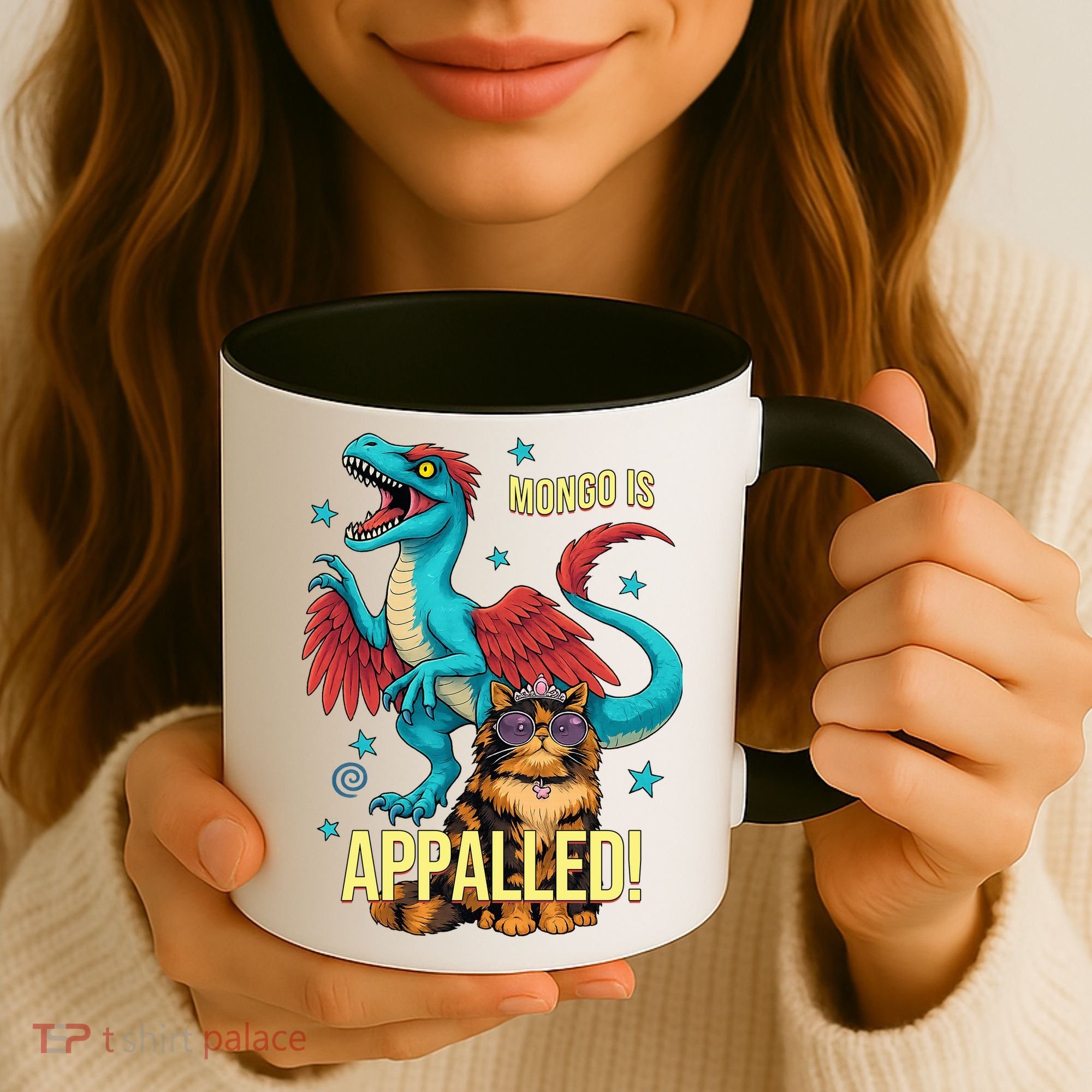 Mongo Is Appalled Princess Cat Riding Dinosaur Coffee Mug
