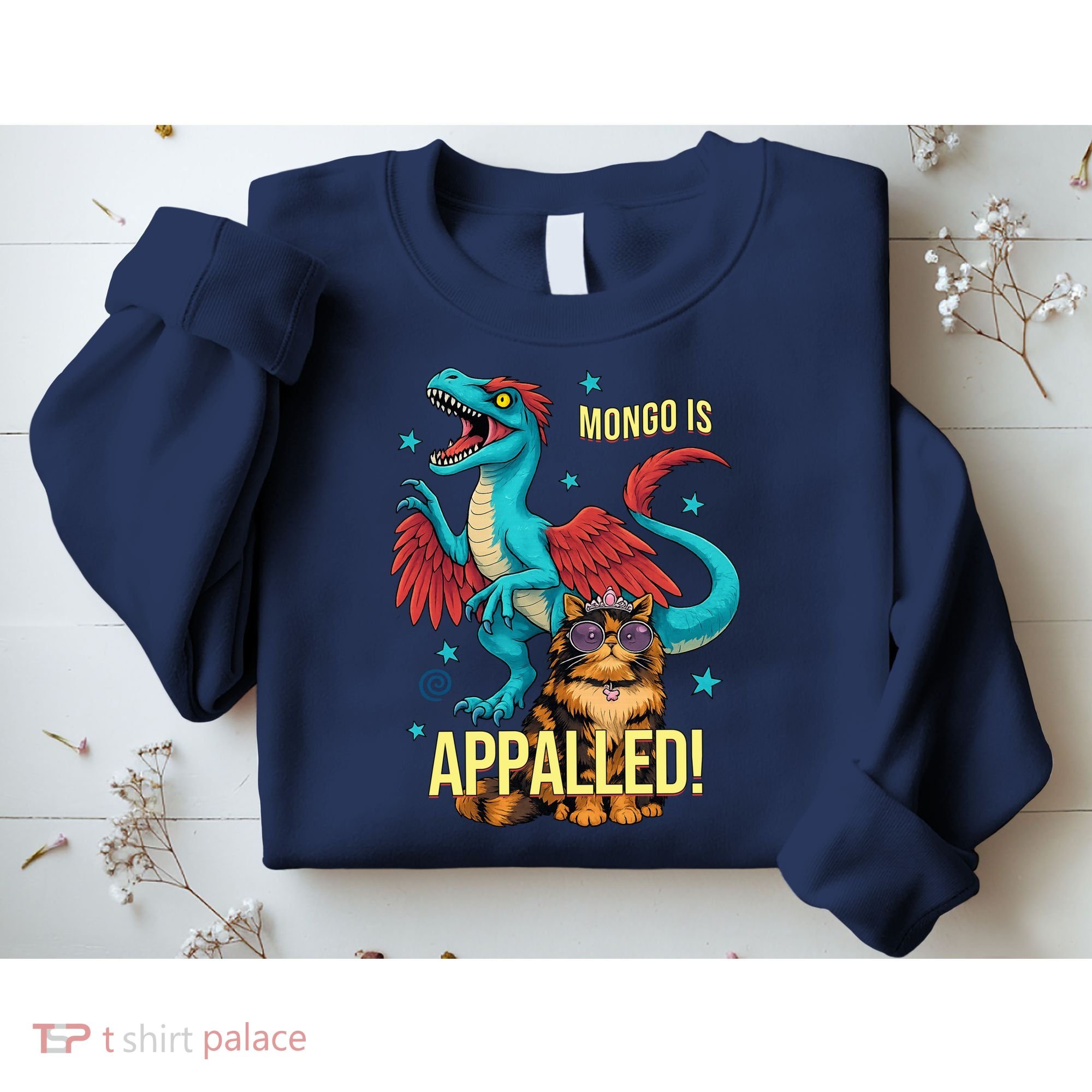 Mongo Is Appalled Princess Cat Riding Dinosaur Sweatshirt