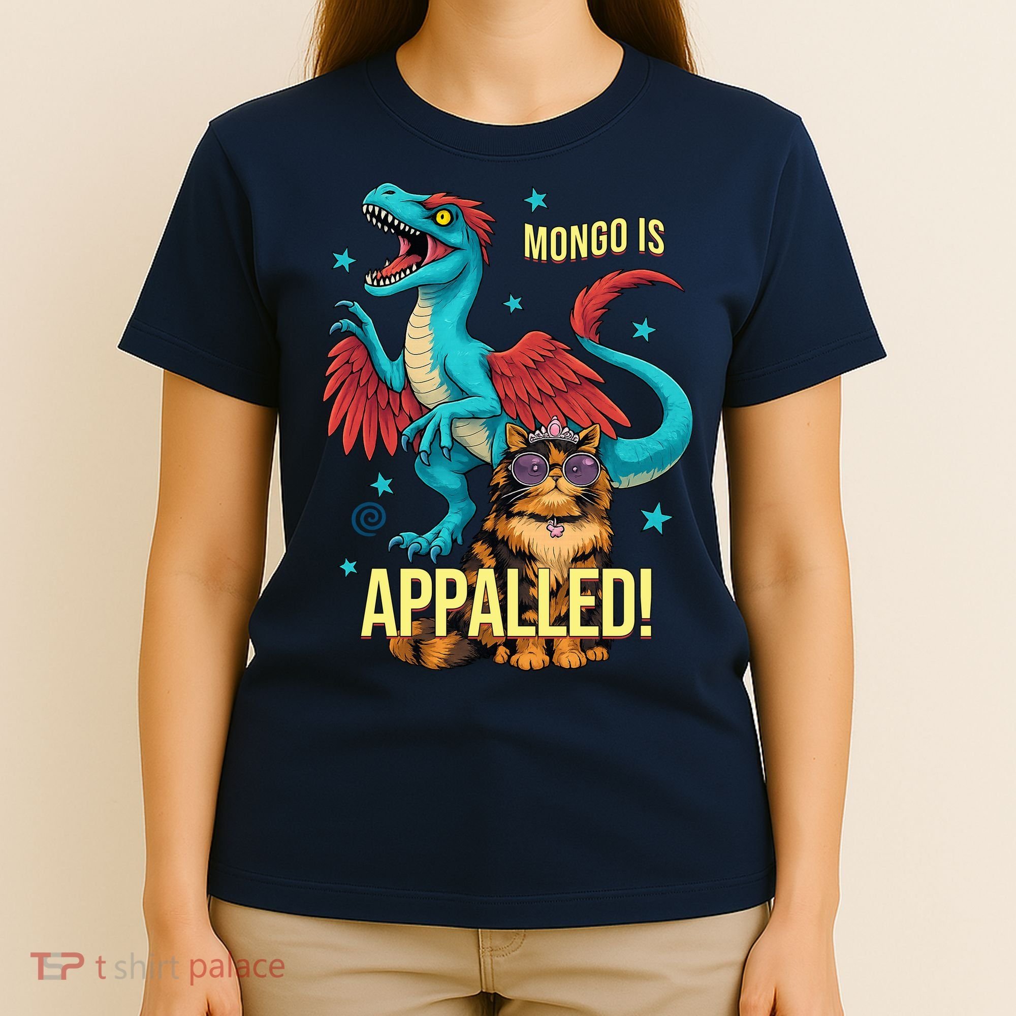 Mongo Is Appalled Princess Cat Riding Dinosaur T-Shirt