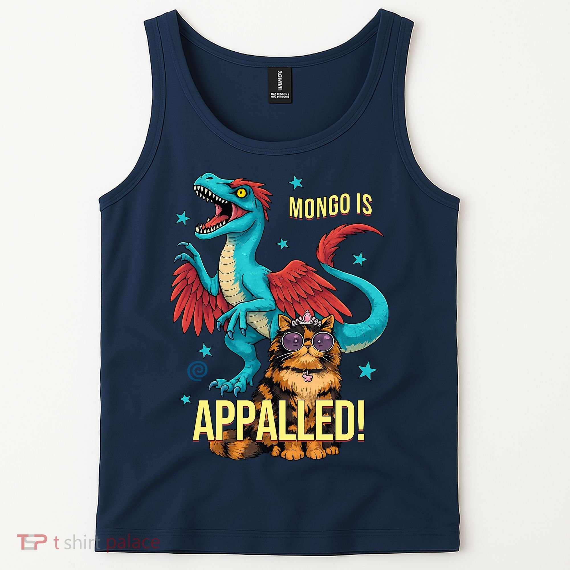 Mongo Is Appalled Princess Cat Riding Dinosaur Tank Top