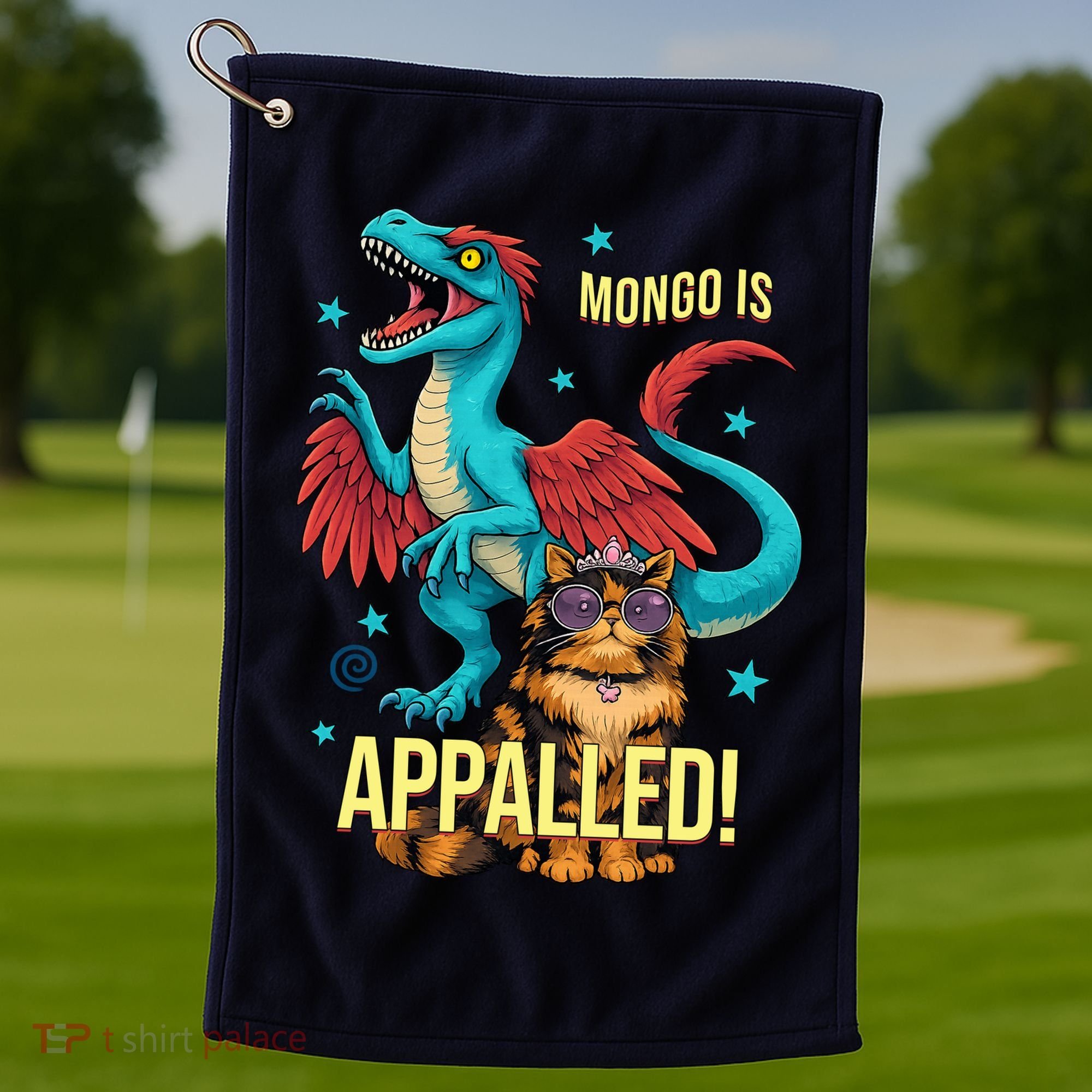 Mongo Is Appalled Princess Cat Riding Dinosaur Golf Towel
