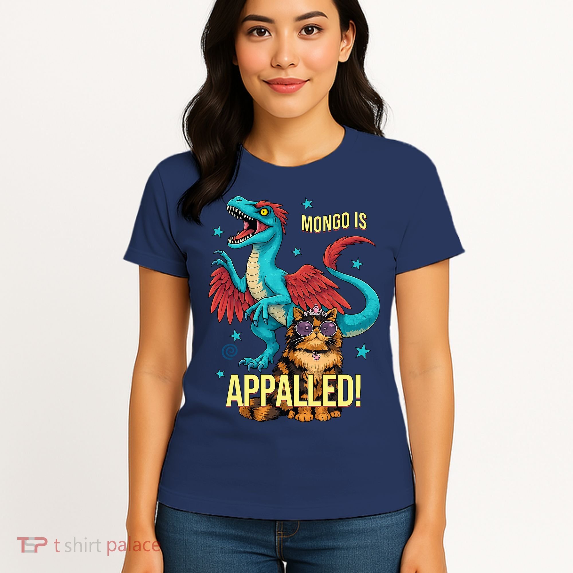 Mongo Is Appalled Princess Cat Riding Dinosaur Women's T-Shirt