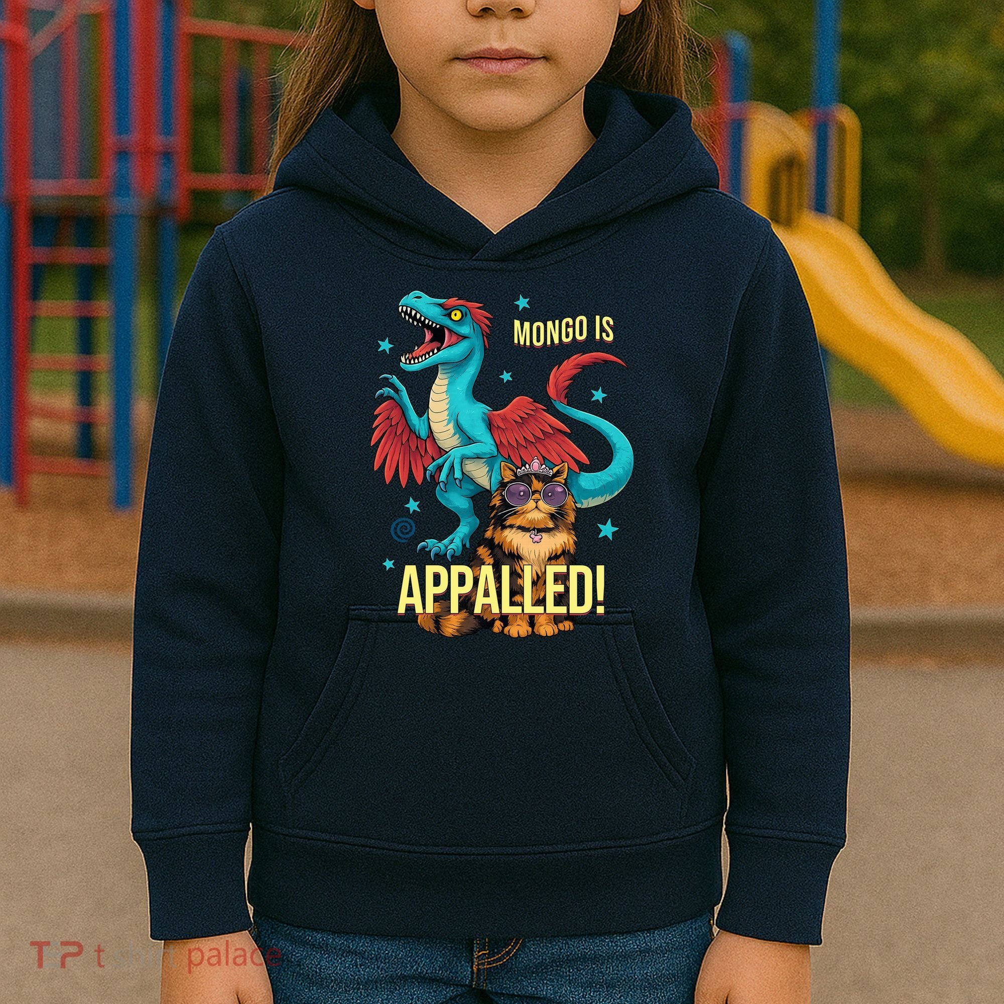 Mongo Is Appalled Princess Cat Riding Dinosaur Kids Hoodie
