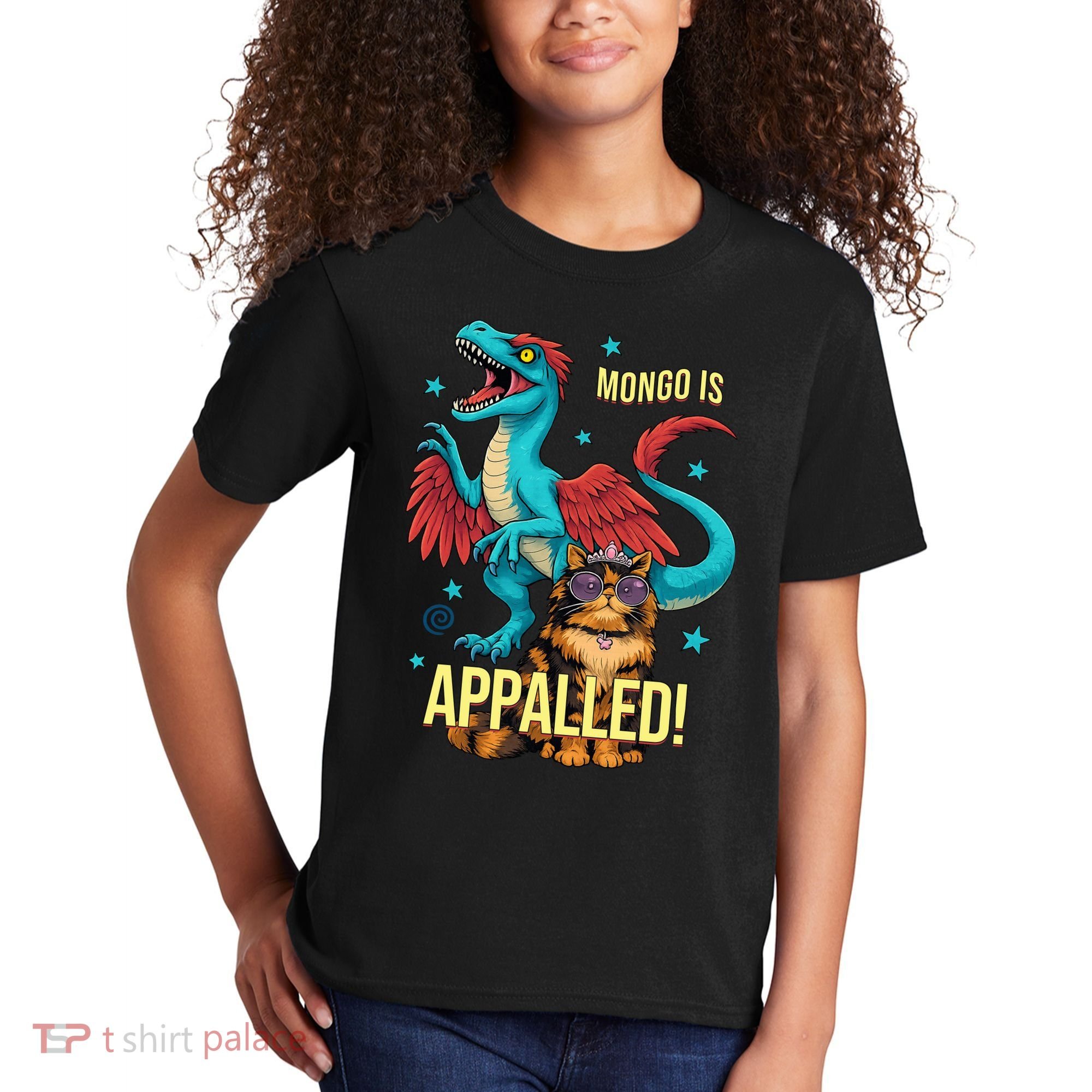 Mongo Is Appalled Princess Cat Riding Dinosaur Kids T-Shirt