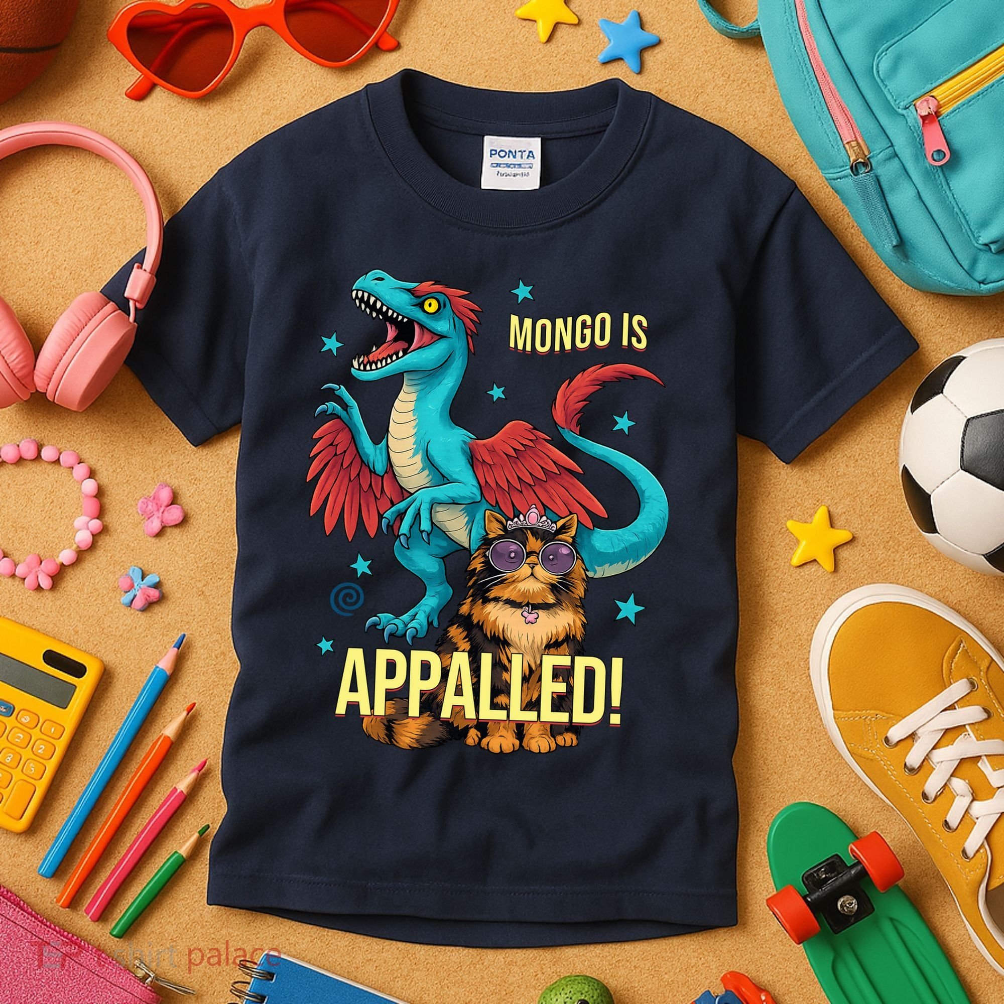 Mongo Is Appalled Princess Cat Riding Dinosaur Kids T-Shirt