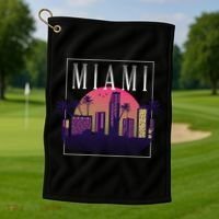 Miami Florida Retro Skyline Golf Towel thumb 1
