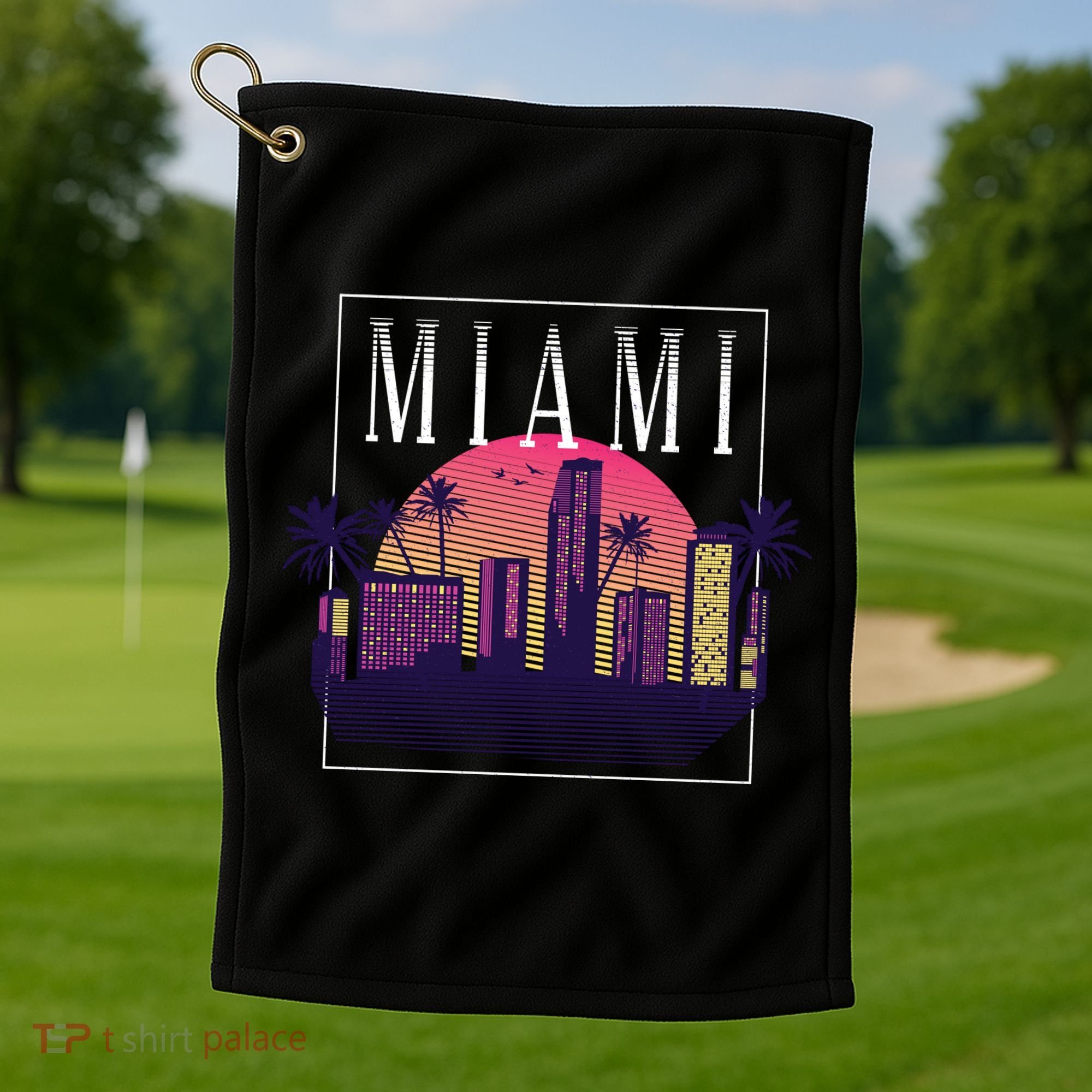 Miami Florida Retro Skyline Golf Towel
