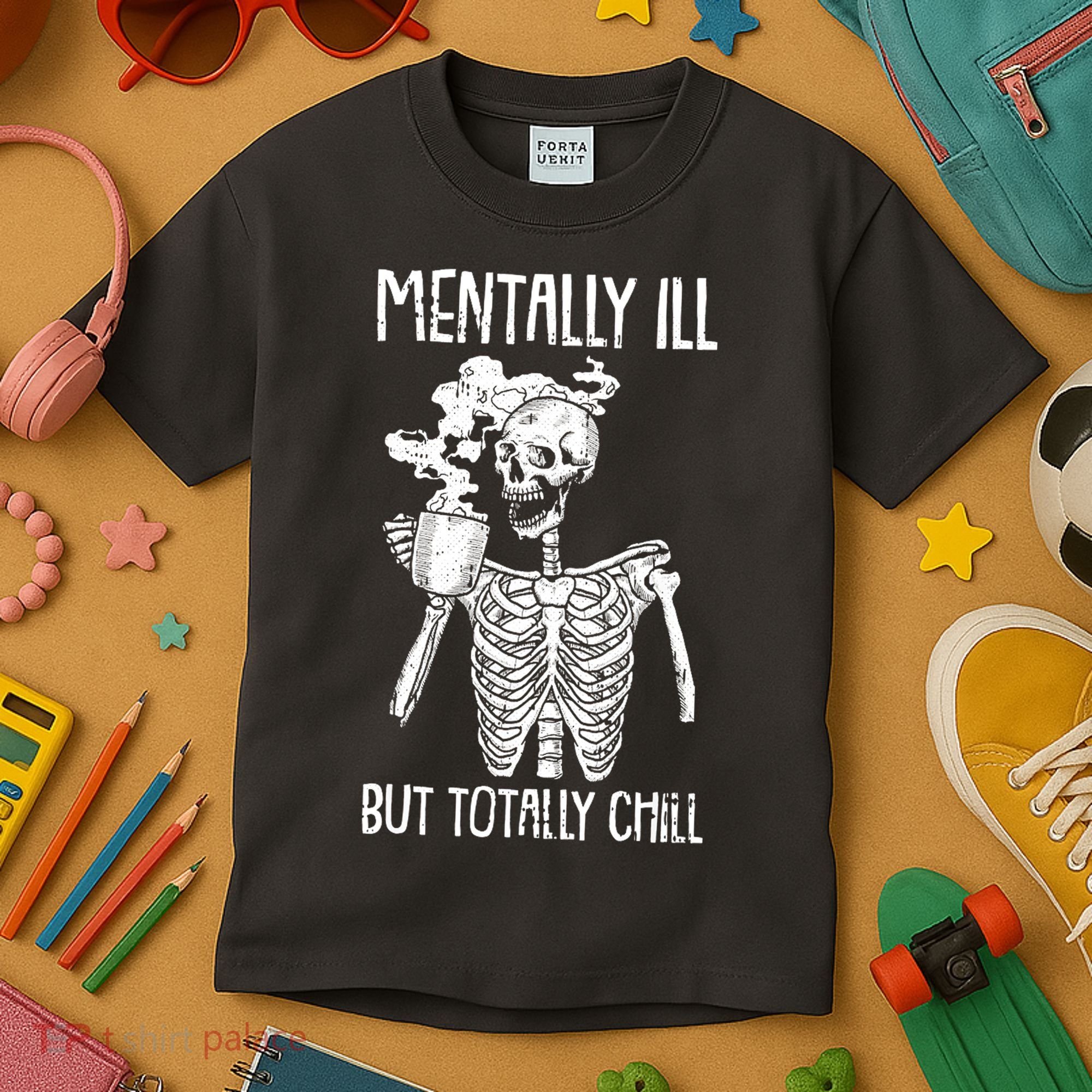 Mentally Ill But Totally Chill Skeleton Funny Kids T-Shirt