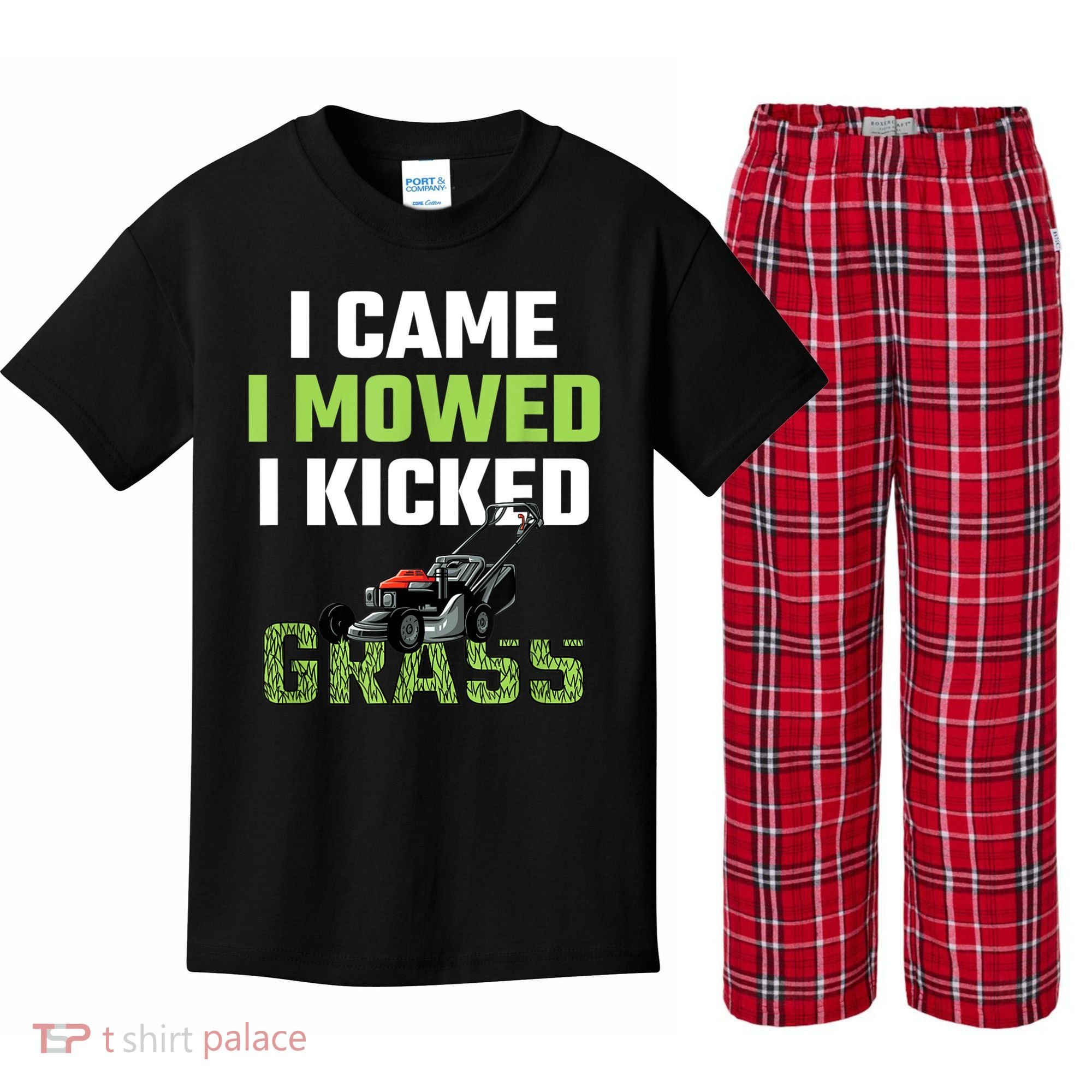 Mens I Came I Mowed I Kicked Grass Funny Lawn Mowing Gardener Kids Plaid Pajama Set