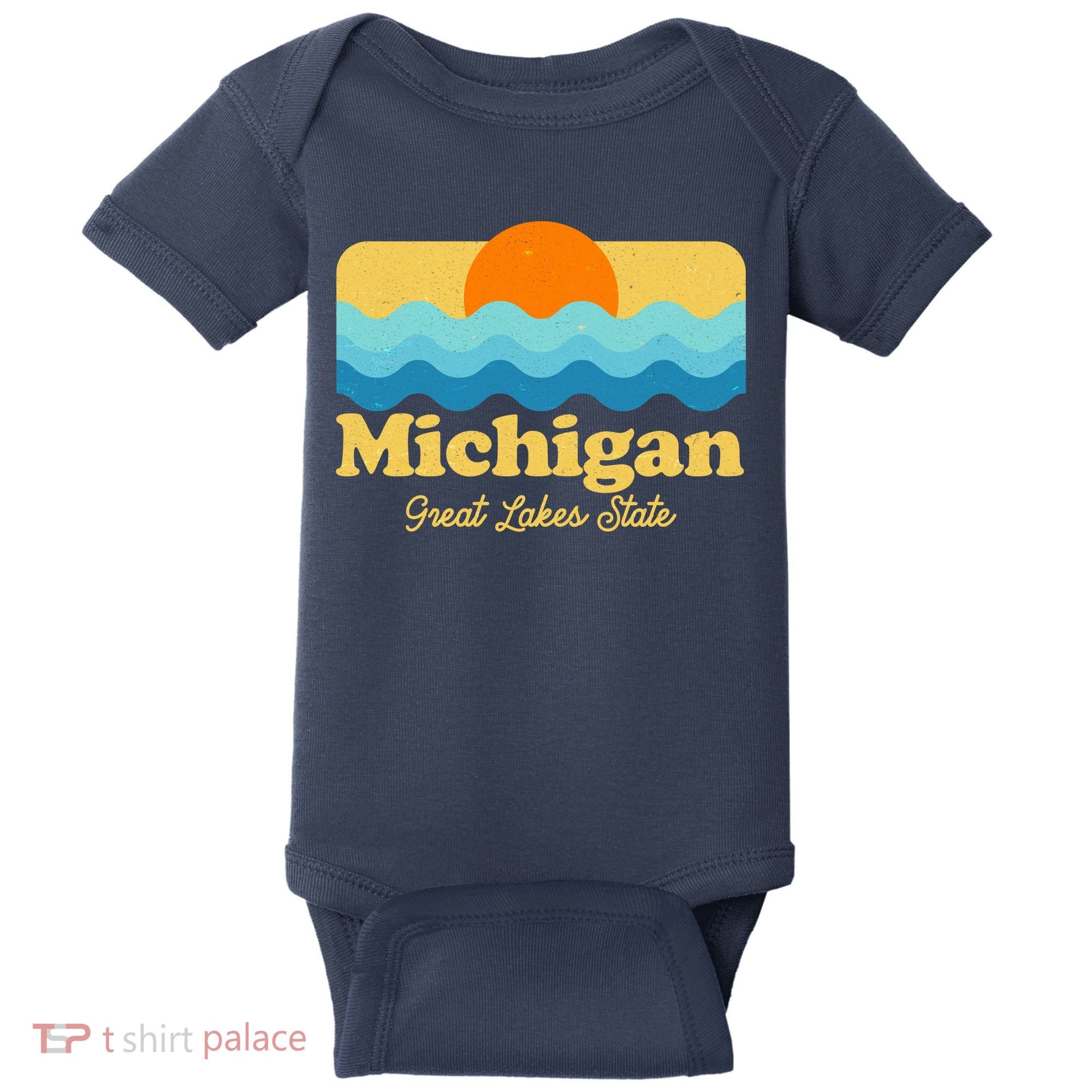 Michigan Great Lakes State Retro Sun Lake Baby Bodysuit
