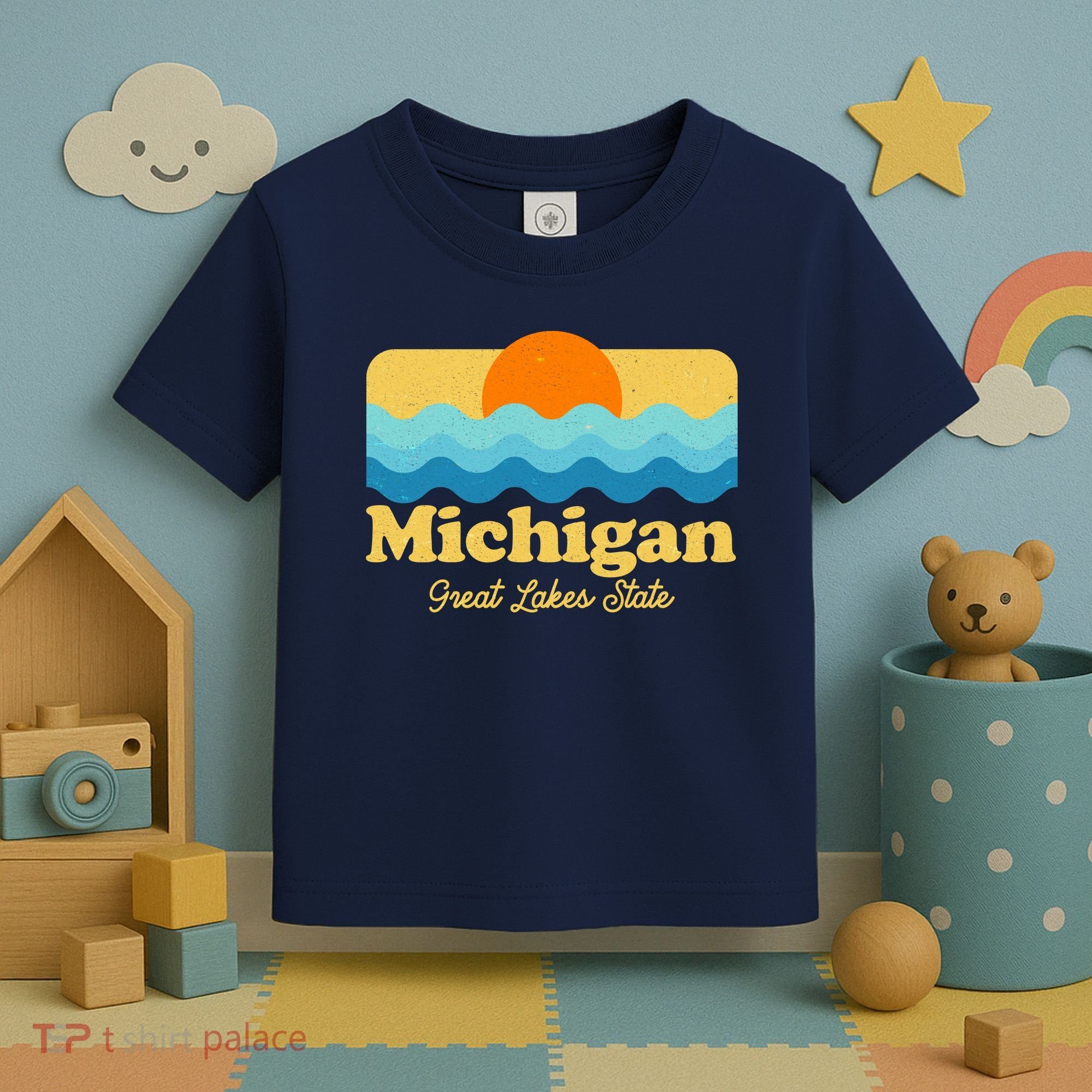 Michigan Great Lakes State Retro Sun Lake Toddler T-Shirt