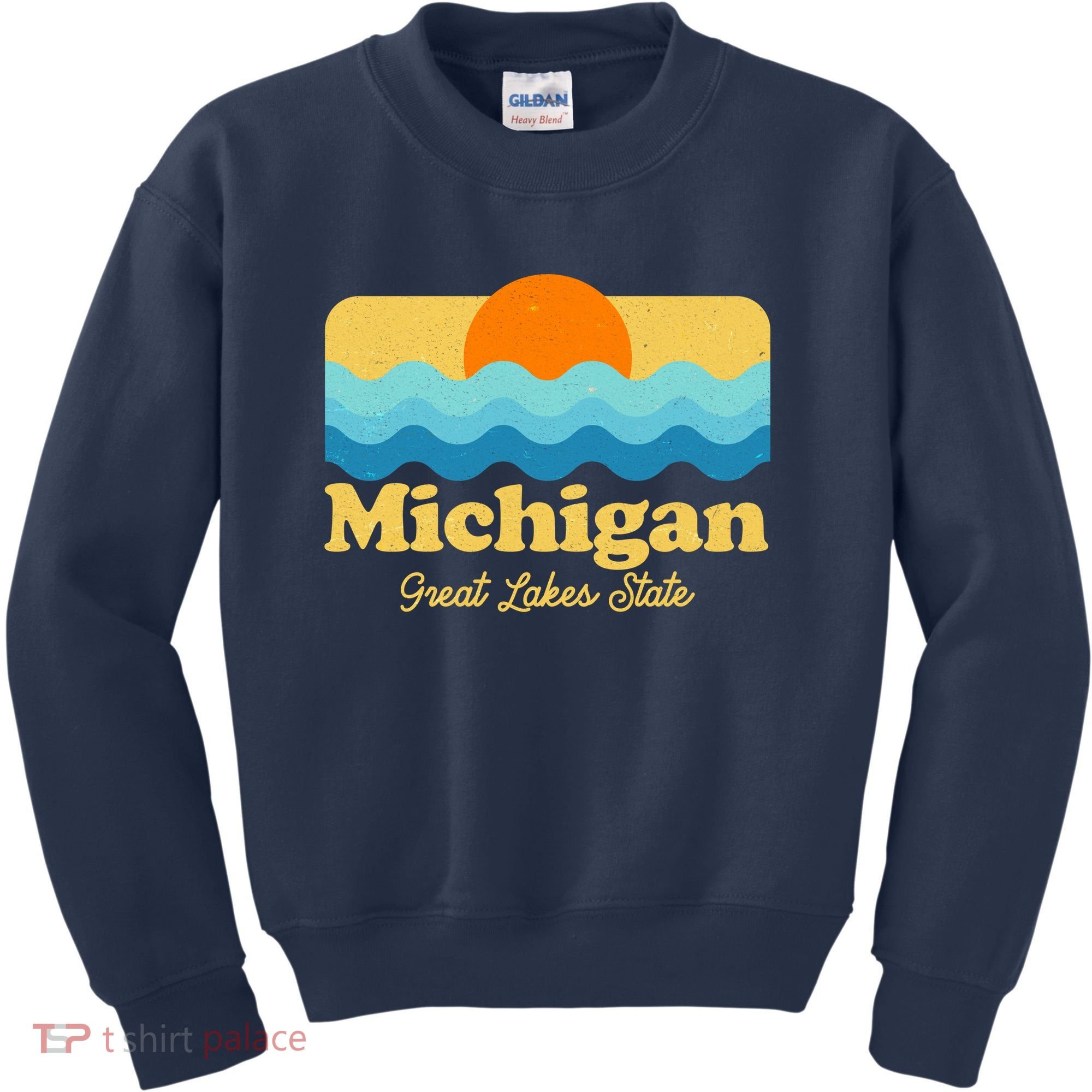 Michigan Great Lakes State Retro Sun Lake Kids Sweatshirt