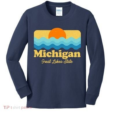 Michigan Great Lakes State Retro Sun Lake Kids Long Sleeve Shirt