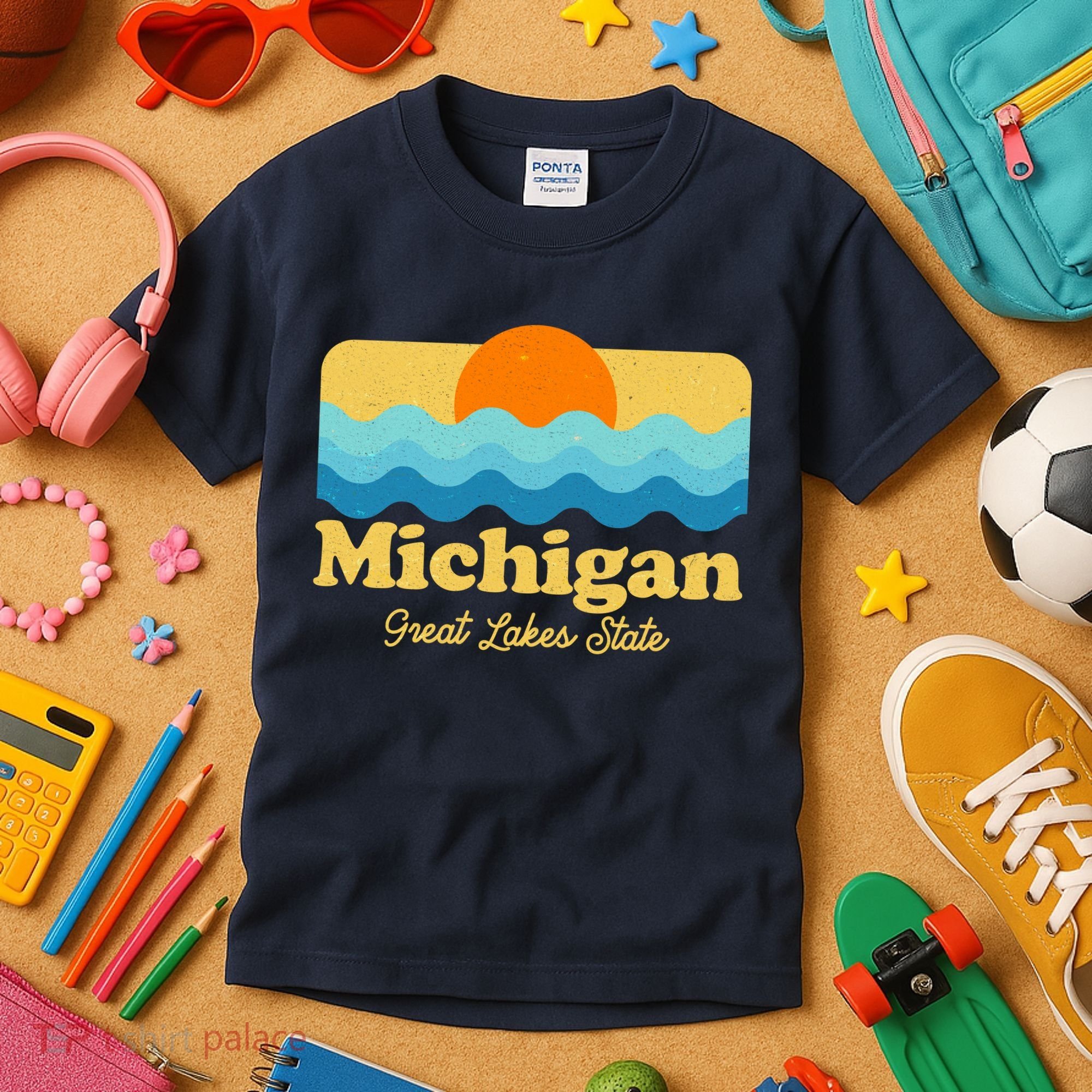 Michigan Great Lakes State Retro Sun Lake Kids T-Shirt