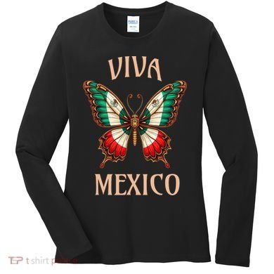 Mexico Independence Day Butterfly Mexican Flag Women's Long Sleeve Shirt