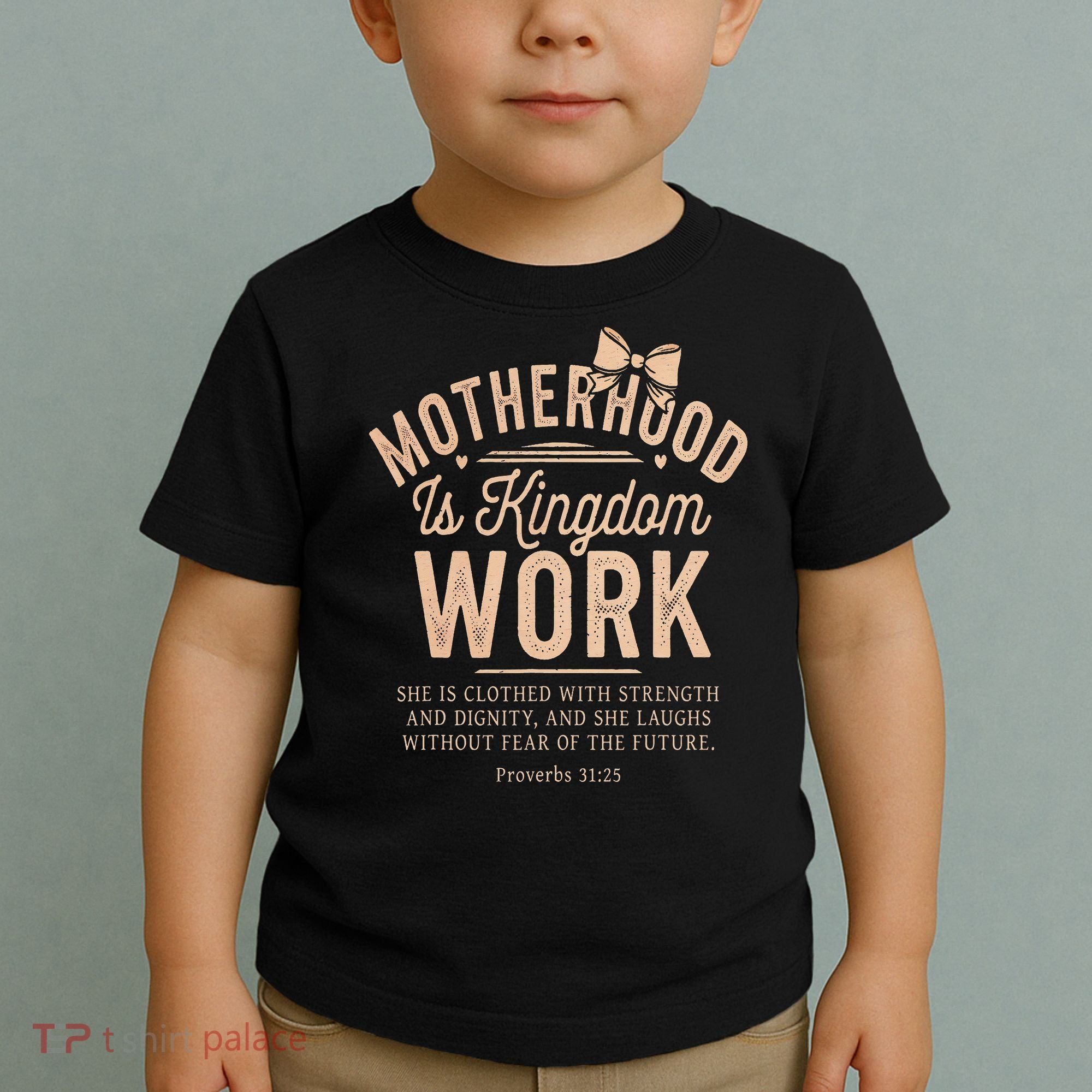 Motherhood Is Kingdom Work Coquette Bow Christian Mom Toddler T-Shirt