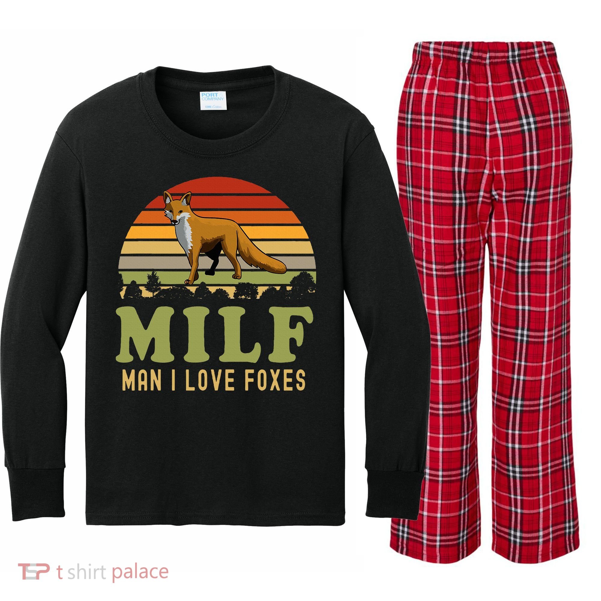 Man I Love Foxes Funny Milf Party Joke For Fox Lover Kids Long Sleeve Plaid Pajama Set